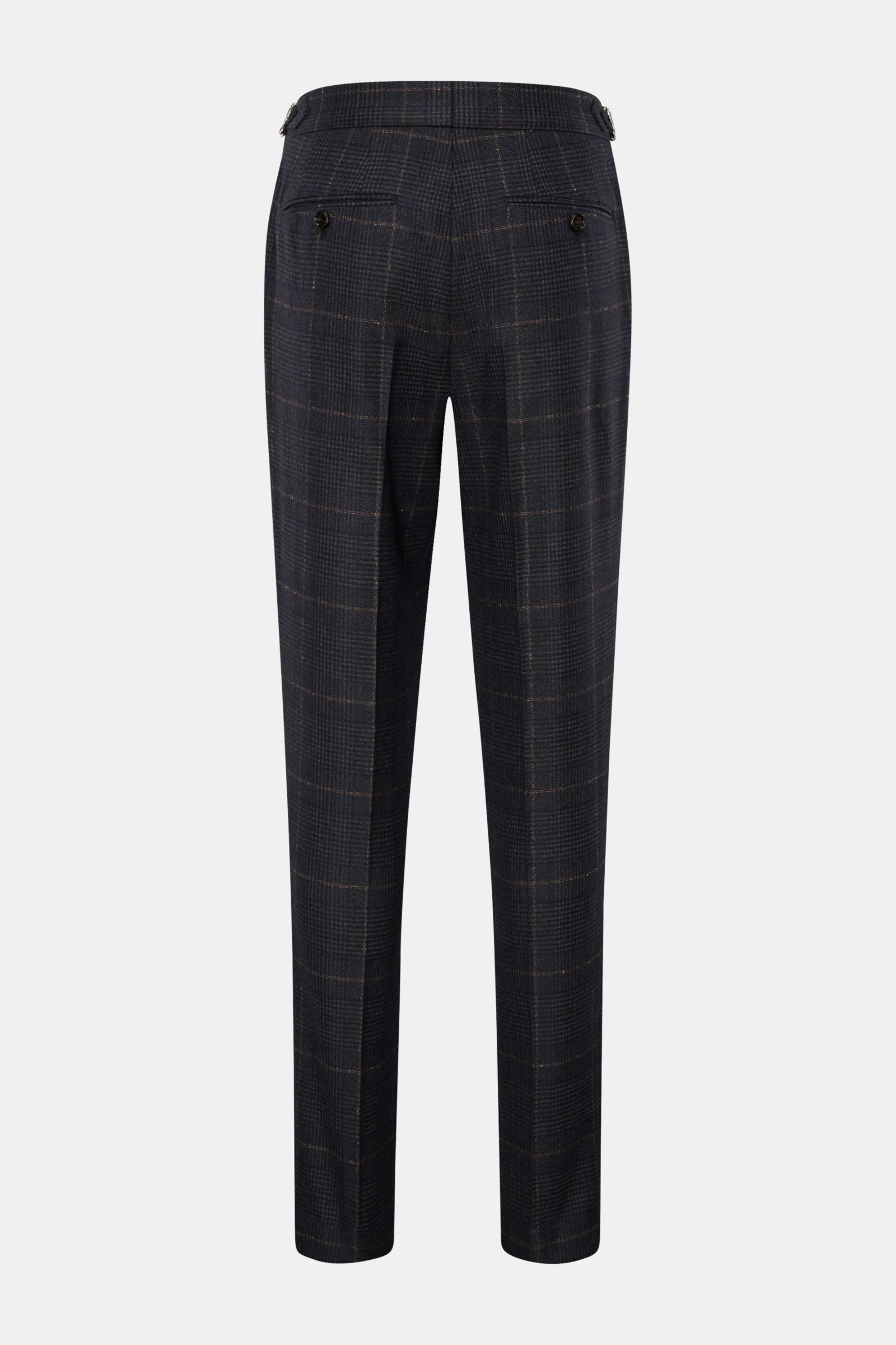 Brunello Cucinelli Wollhose dunkelgrau/navy/hellbraun kariert, Rückansicht, Regular Fit, Glencheck-Muster, Side Adjuster, Bundfalte, französische Taschen.