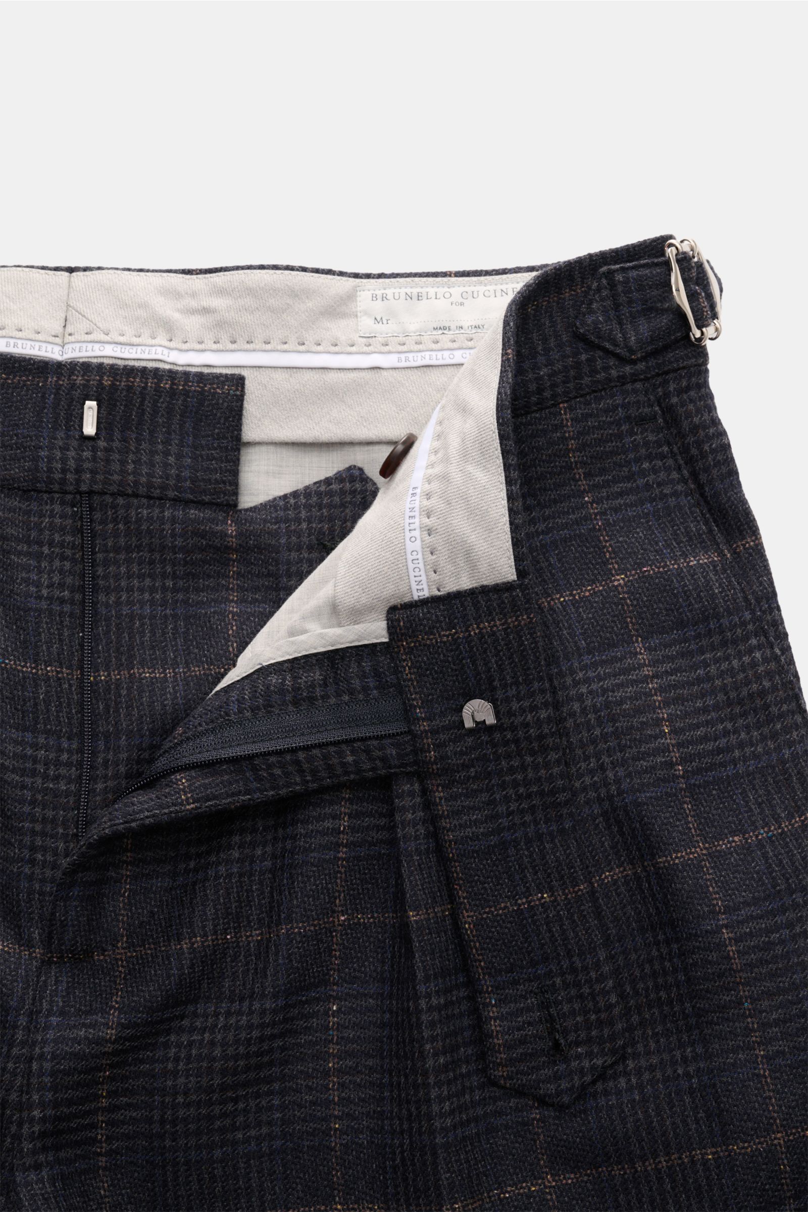 Brunello Cucinelli Wollhose dunkelgrau/navy/hellbraun kariert, vorne offen, Regular Fit, Glencheck, Side Adjuster, Bundknopf, Reißverschluss, kleine Uhrentasche.
