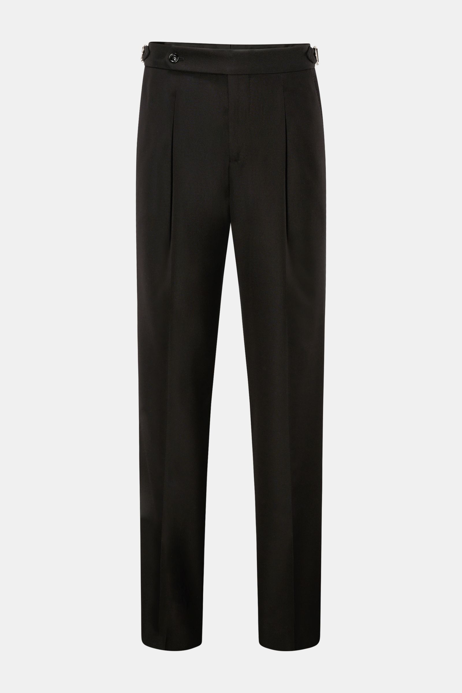 Brunello Cucinelli Hose schwarz, frontale Ansicht, Regular Fit, Seiden-Wollmischung, Bundknopf, Reißverschluss, Side Adjuster, Galonstreifen, Bundfalte, französische Taschen, paspelierte Gesäßtaschen, offene Länge.