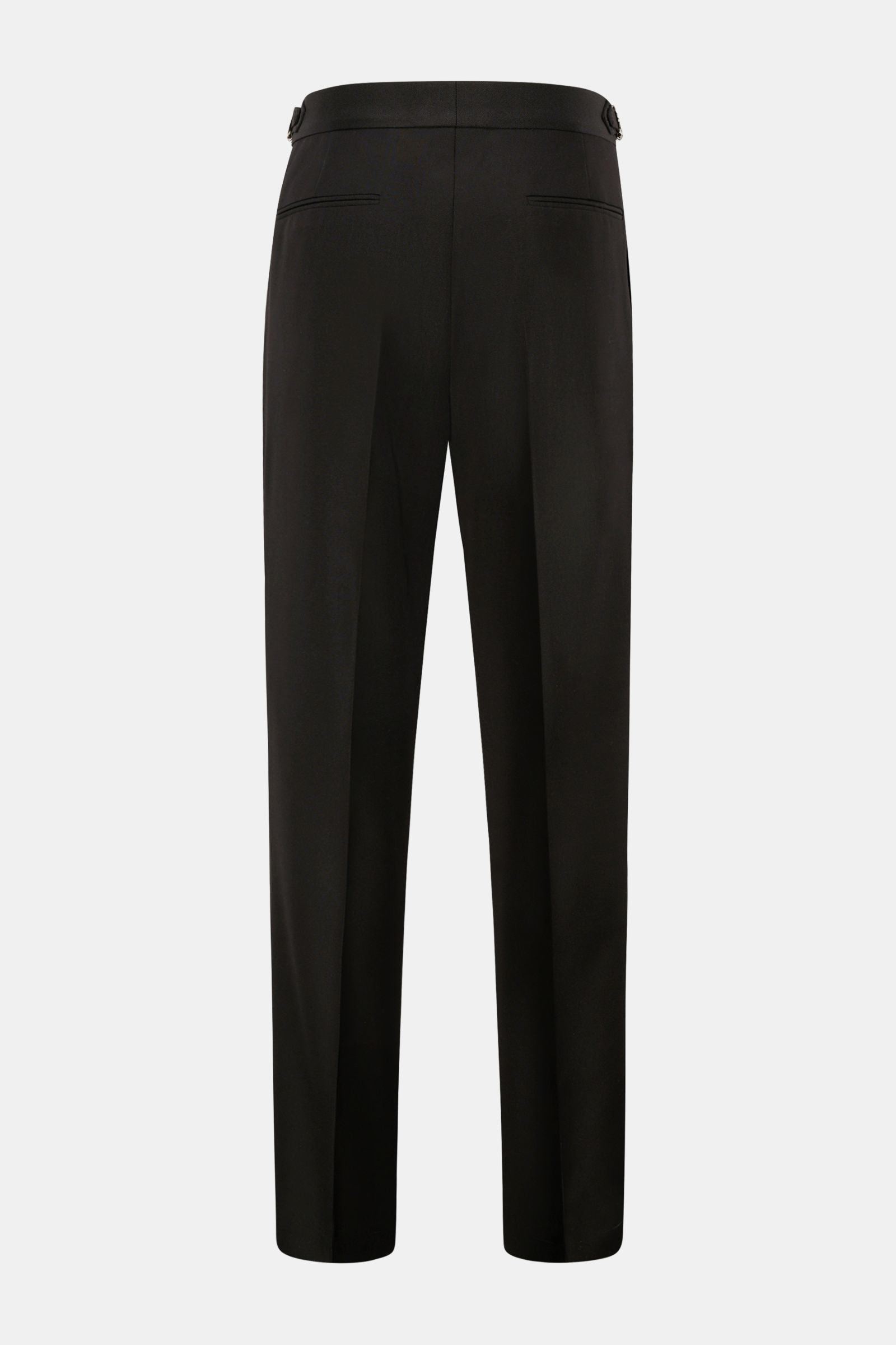 Brunello Cucinelli Hose schwarz, Rückansicht, Regular Fit, Seide-Wollmischung, leichter Galonstreifen, Bund mit Side Adjuster, französische Taschen.