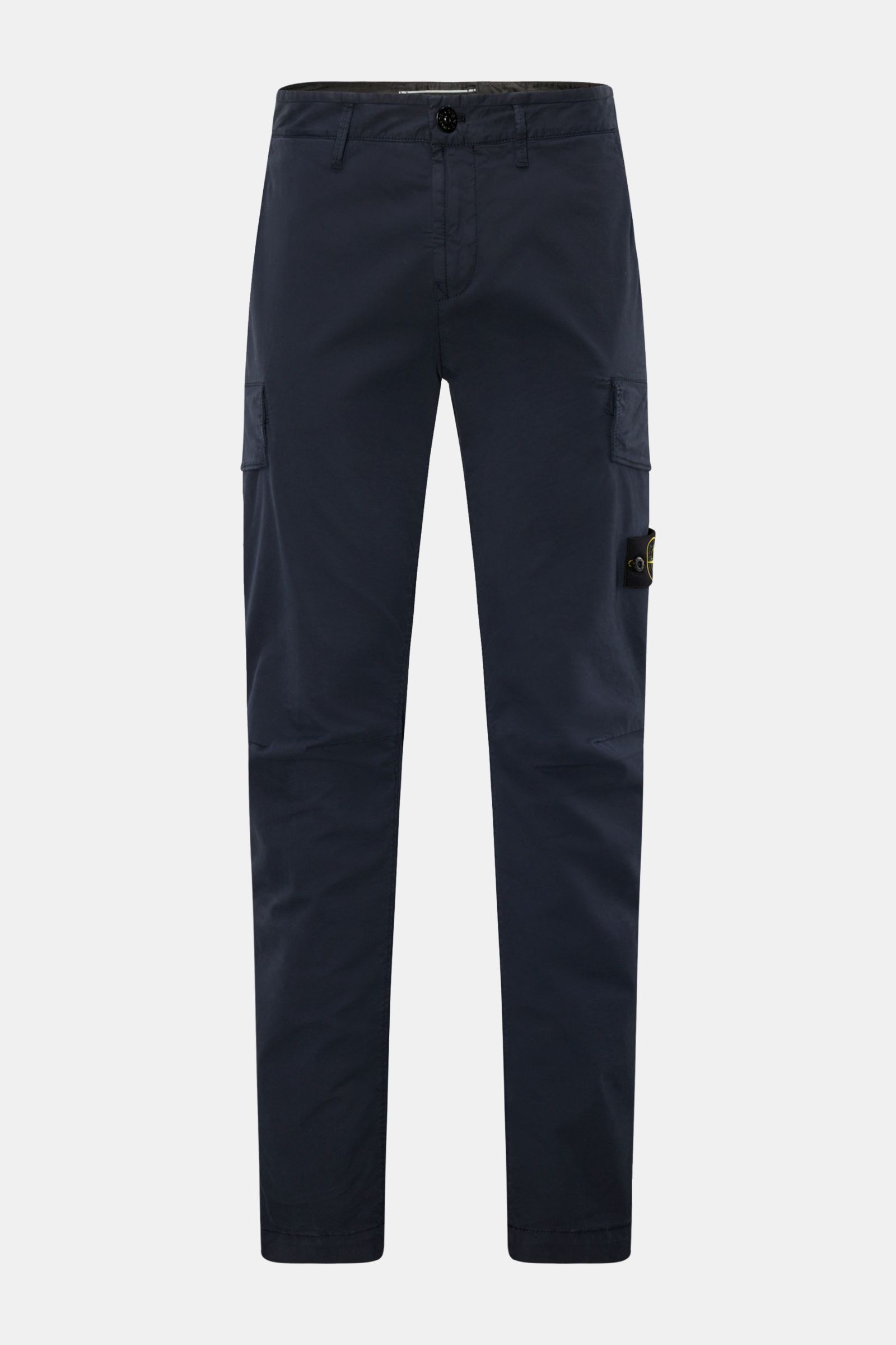 Stone Island Cargohose navy aus weichem Baumwoll-Twill, slim fit mit elastischer Qualität, Cargo- und französischen Taschen, Frontansicht.