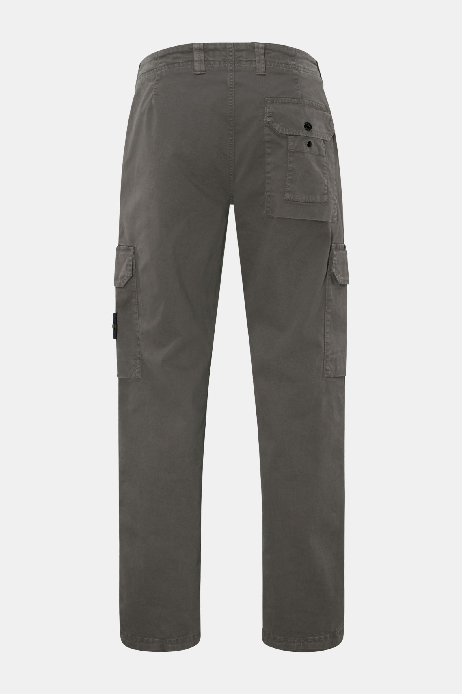 Stone Island Cargohose dunkelgrau, Rückansicht, knöchellang, elastische Baumwolle, weicher Griff, robuste Qualität, aufgesetzte Cargotaschen, Kompass-Badge.