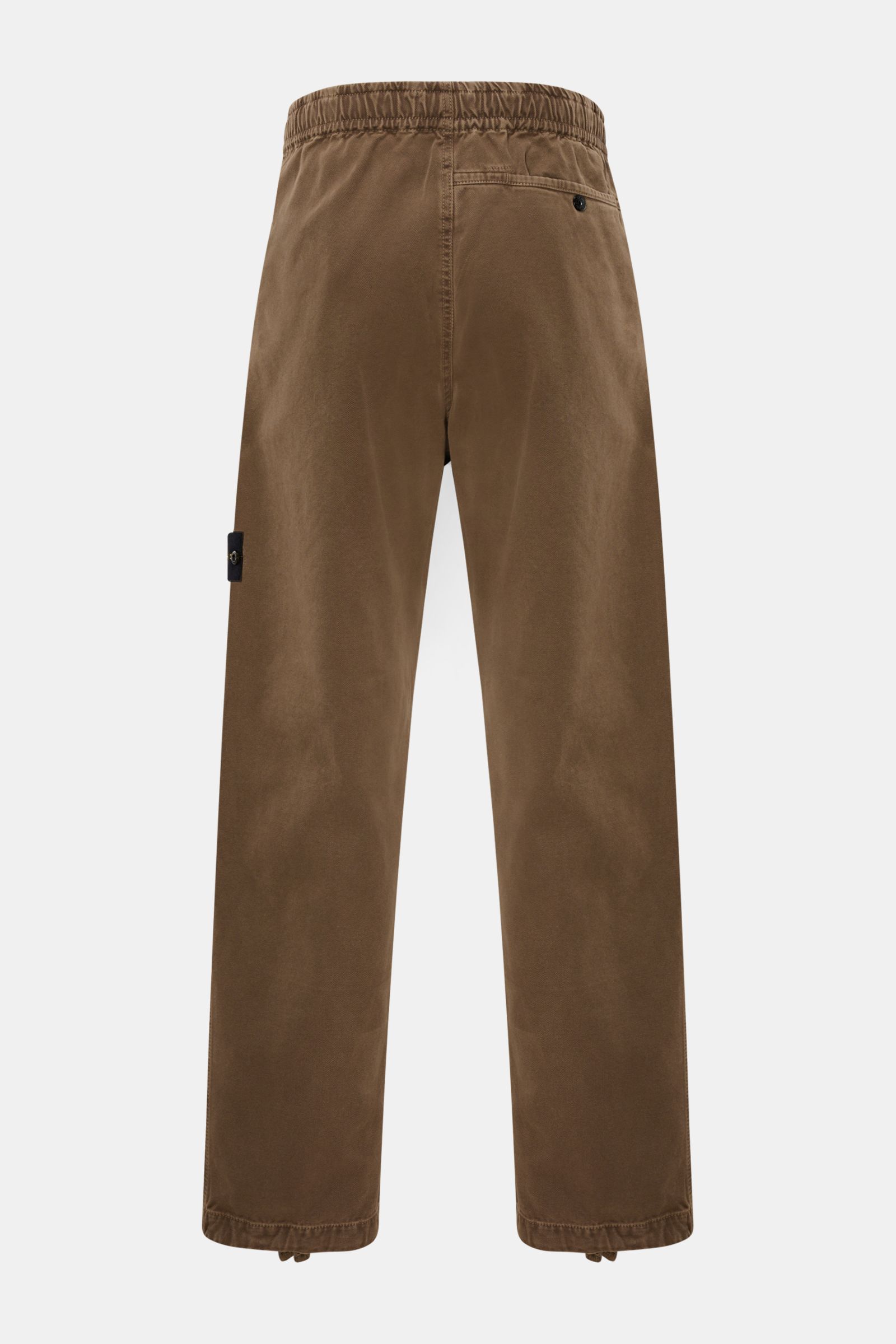 Rückansicht der Stone Island Cargo-Jogpants 'Panama' khaki aus Bio-Baumwolle mit elastischem Bund, Taschen und Kompass-Badge.