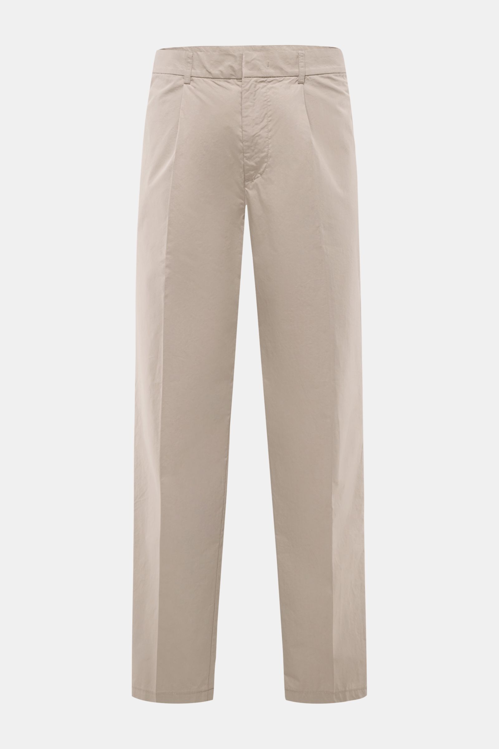 Emporio Armani Cotton trousers taupe shown from the front, light cotton fabric, slightly tapered cut, regular fit, zip and hook fastener, pockets in side seams and jetted back pockets, smooth touch, summer essential.