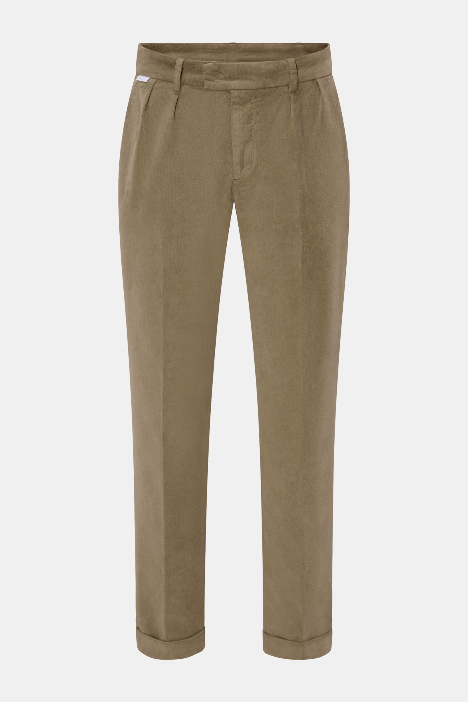 Front view of 04651/ A trip in a bag Corduroy trousers taupe in stretchy cotton with double pleat, side adjusters, tapered fit, ankle length, zip and hook fastener, French and hip pockets, and fixed hem turn-up.