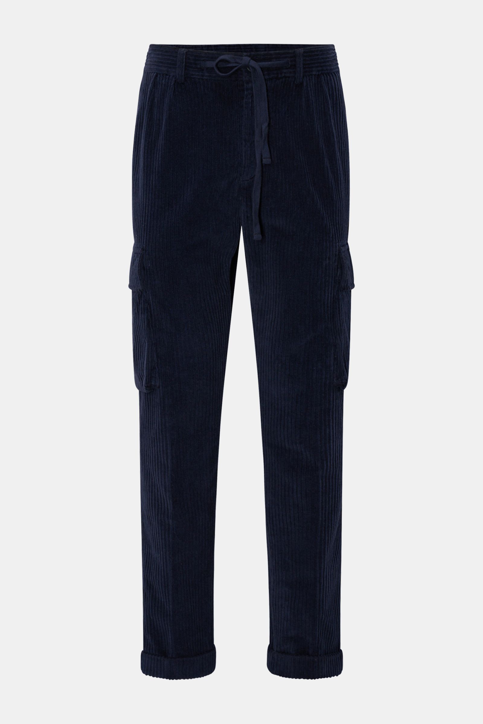 Front view of 04651/ A trip in a bag Corduroy cargo pants navy, wide wale cotton corduroy with slight stretch, soft feel, tapered fit, regular thigh width, ankle length, zip and waist button, partially elasticated waistband with drawstring, French pockets