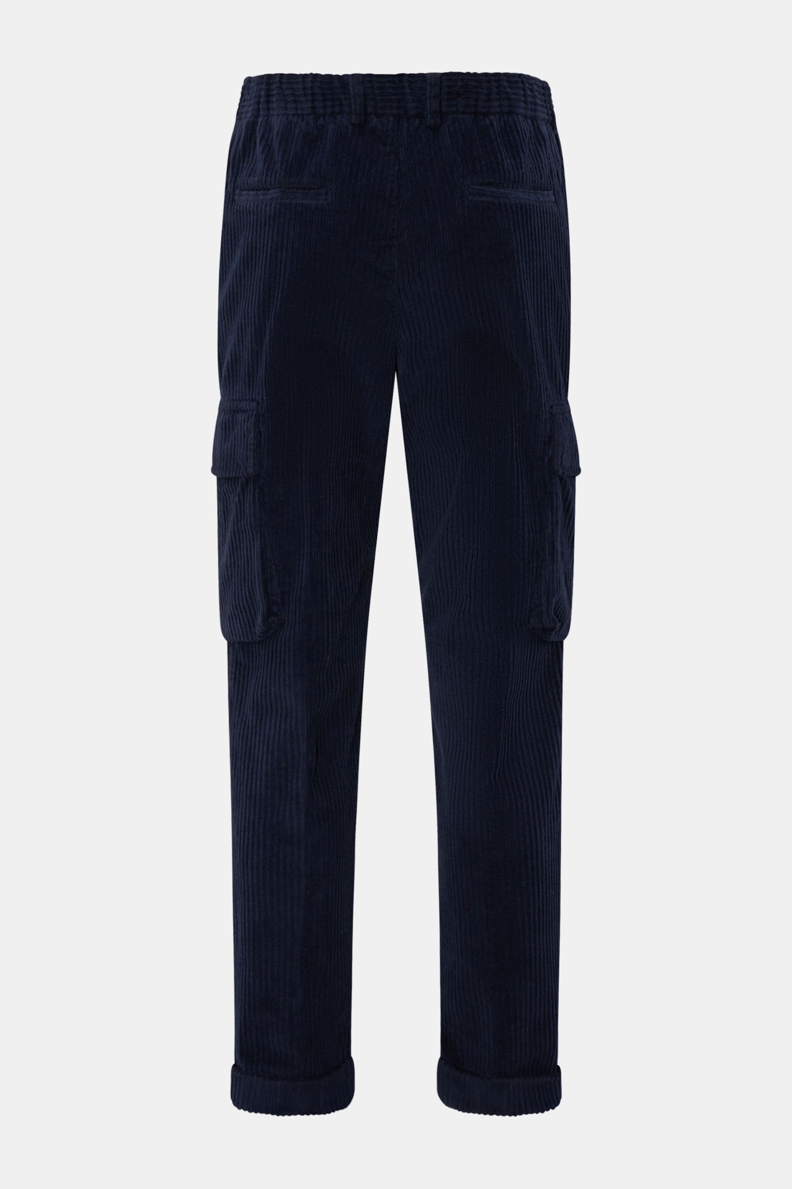 Rear view of 04651/ A trip in a bag Corduroy cargo pants navy, wide wale cotton corduroy, slight stretch, soft feel, tapered fit, regular thigh, ankle length, zip and waist button, partially elasticated waistband with drawstring, French and hip pockets, s