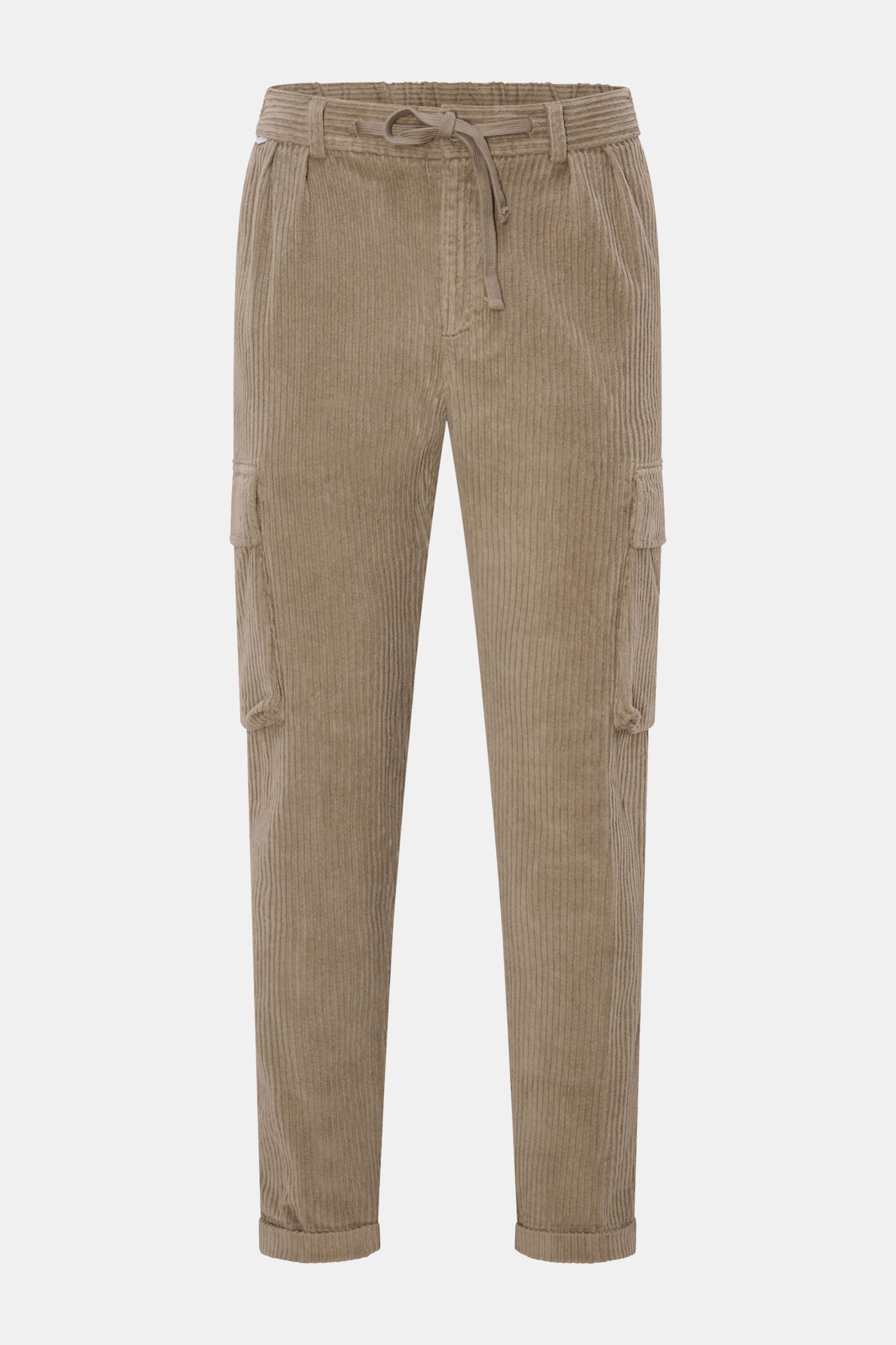 Front view of 04651/ A trip in a bag Corduroy cargo pants taupe in wide wale cotton corduroy with slight stretch, soft feel, tapered fit, regular thigh width, ankle length, slightly tapered cut, zip and waist button, partially elasticated waistband with d