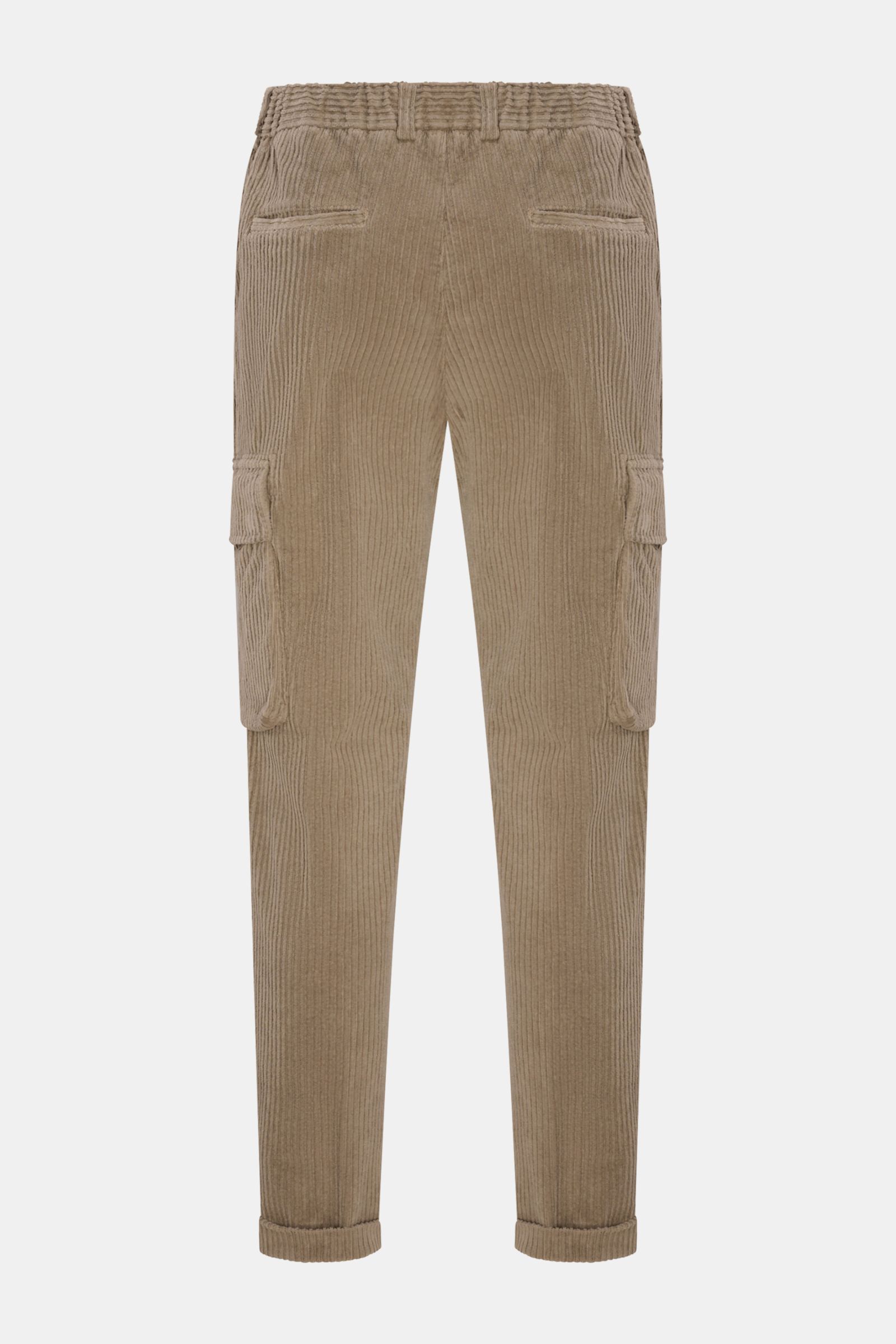 Rear view of 04651/ A trip in a bag Corduroy cargo pants taupe, wide wale cotton corduroy with slight stretch, soft feel, tapered fit, regular thigh width, ankle length, zip and waist button, partially elasticated waistband with drawstring, French pockets