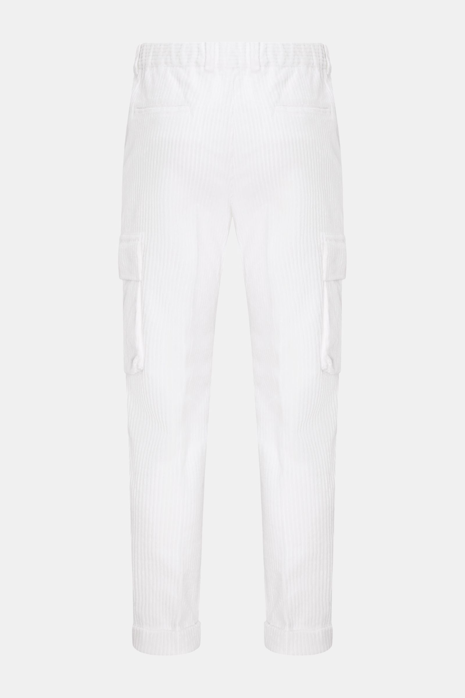 Front view of 04651/ A trip in a bag Corduroy cargo pants off-white, wide wale cotton corduroy with slight stretch, soft feel, tapered fit, regular thigh width, ankle length, slightly tapered cut, zip and waist button, partially elasticated waistband with