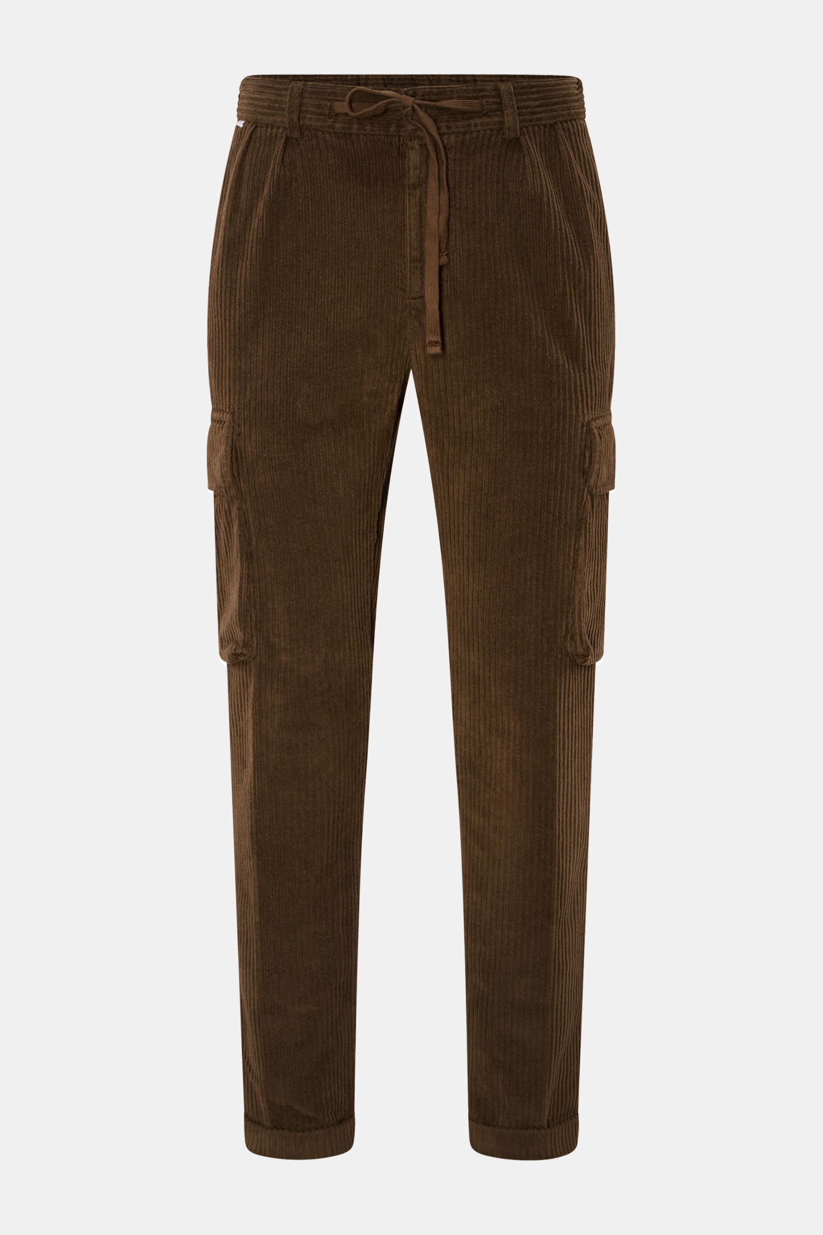 Front view of 04651/ A trip in a bag Corduroy cargo pants brown, wide wale cotton corduroy with slight stretch, soft feel, tapered fit, regular thigh width, ankle length, slightly tapered cut, zip and waist button, partially elasticated waistband with dra
