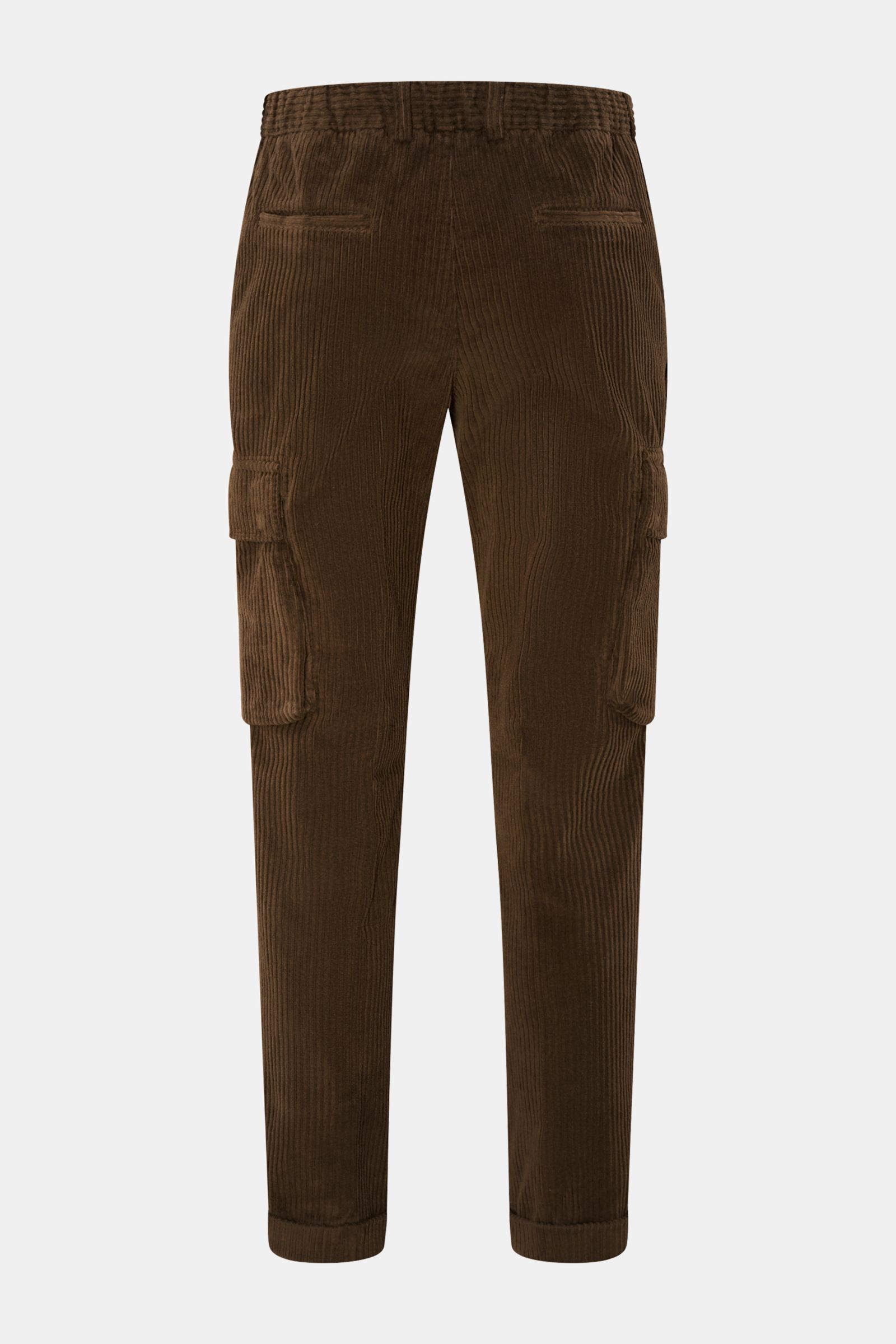 Front view of 04651/ A trip in a bag Corduroy cargo pants brown, wide wale cotton corduroy with slight stretch, soft feel, tapered fit, regular thigh width, ankle length, zip and button, partially elasticated waistband with drawstring, French pockets, hip