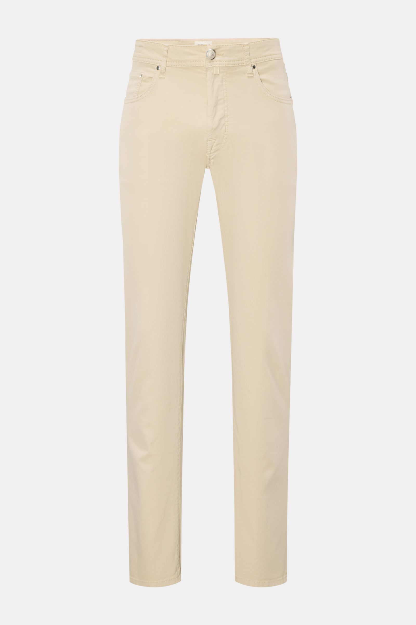 Jacob Cohen Hose 'Bard' beige, Slim Fit Five-Pocket-Hose aus elastischem Baumwoll-Lyocell-Twill, Button Fly, tonales Stitching, frontale Ansicht.