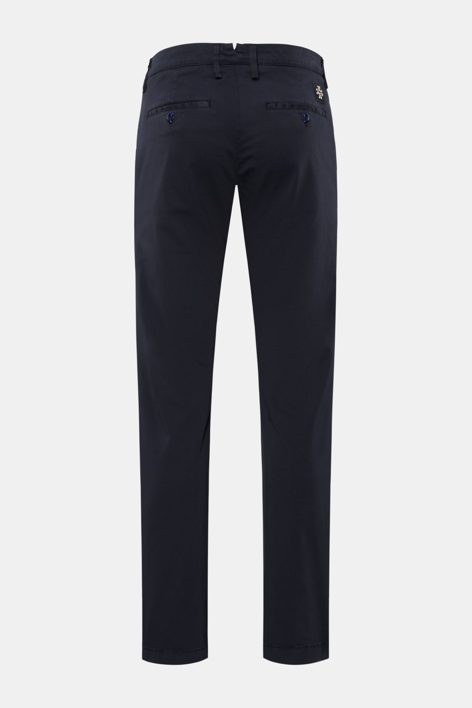 Jacob Cohen Chino 'Bobby' navy, schmal zulaufend, Rückansicht, feiner Baumwoll-Twill, elastisch, soft, mit Knopf- und Münztaschen, Slim Fit.