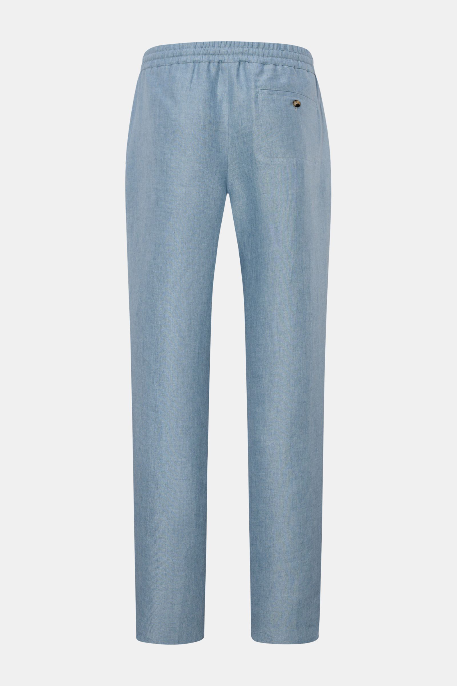 Agnona Leinen-Jogpants rauchblau, Rückansicht, reines Leinen, elastischer Bund, französische Taschen, Gesäßtasche mit Knopf, Regular Fit, offene Länge.