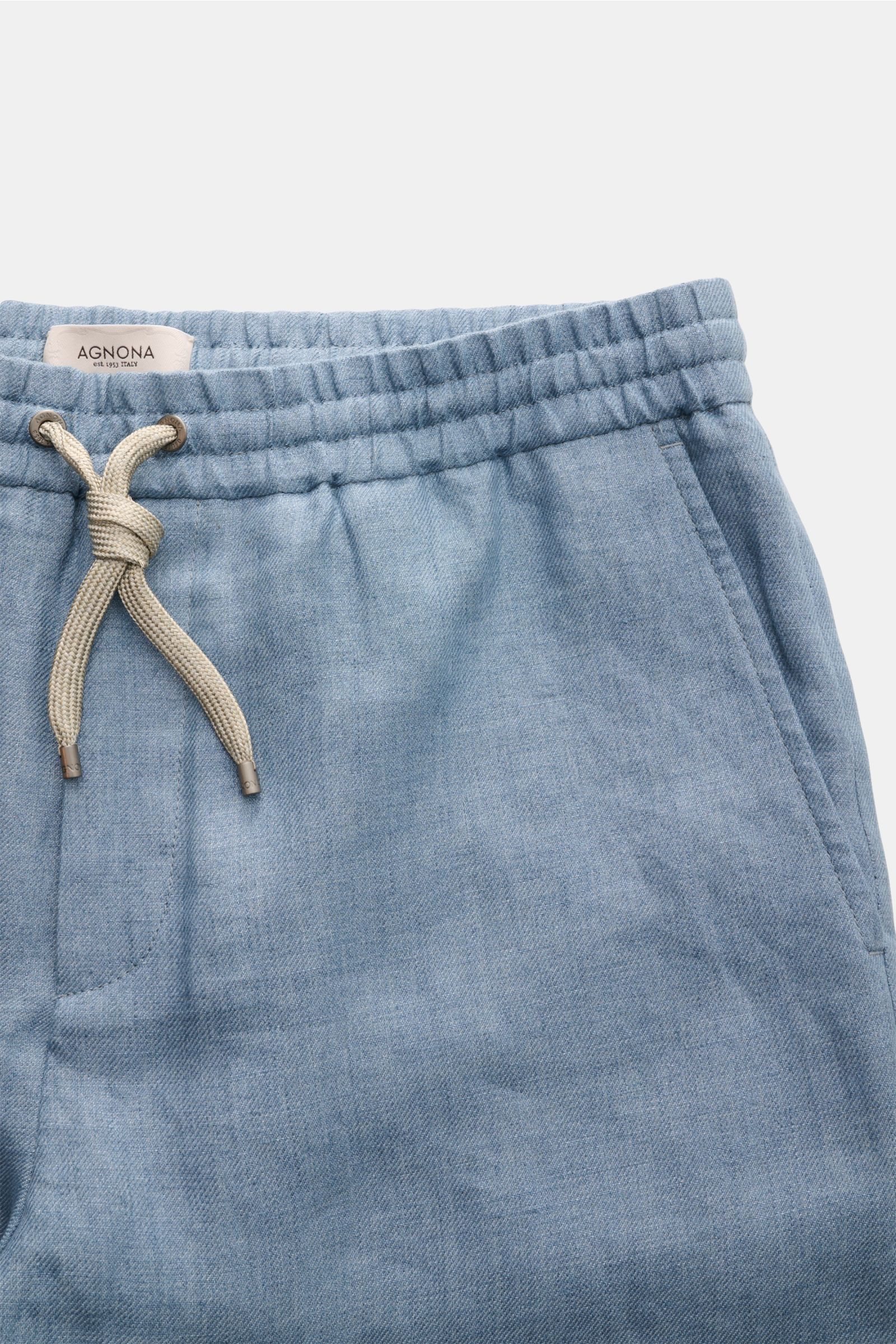 Agnona Leinen-Jogpants rauchblau, Frontansicht, elastischer Bund mit Tunnelzug, französische Taschen, weiches, leichtes Leinen, Regular Fit.