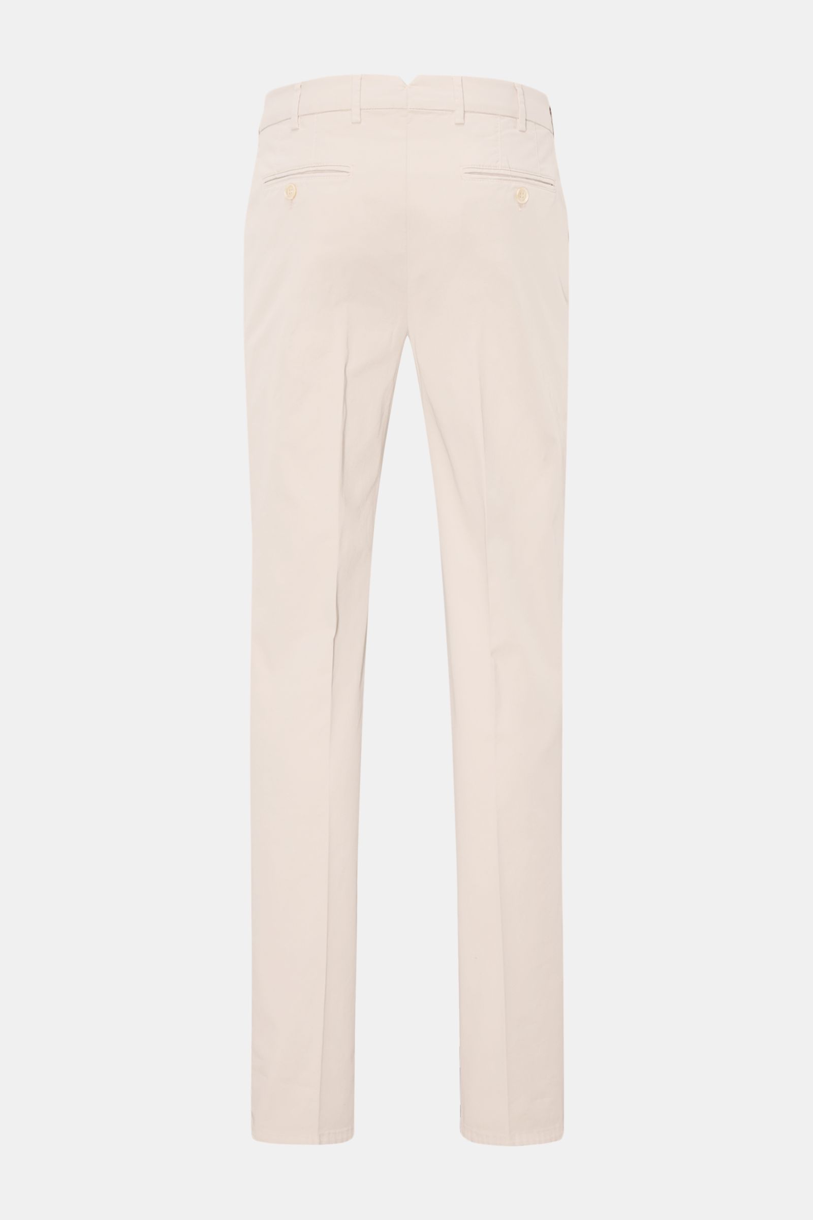 Brunello Cucinelli Chino 'Italian Fit' beige shown from the back, featuring twill elastic cotton, fine twill texture, soft feel, garment dyed, regular fit, tapered short cut, zipper and button closure, French pockets, small watch pocket, and buttoned back