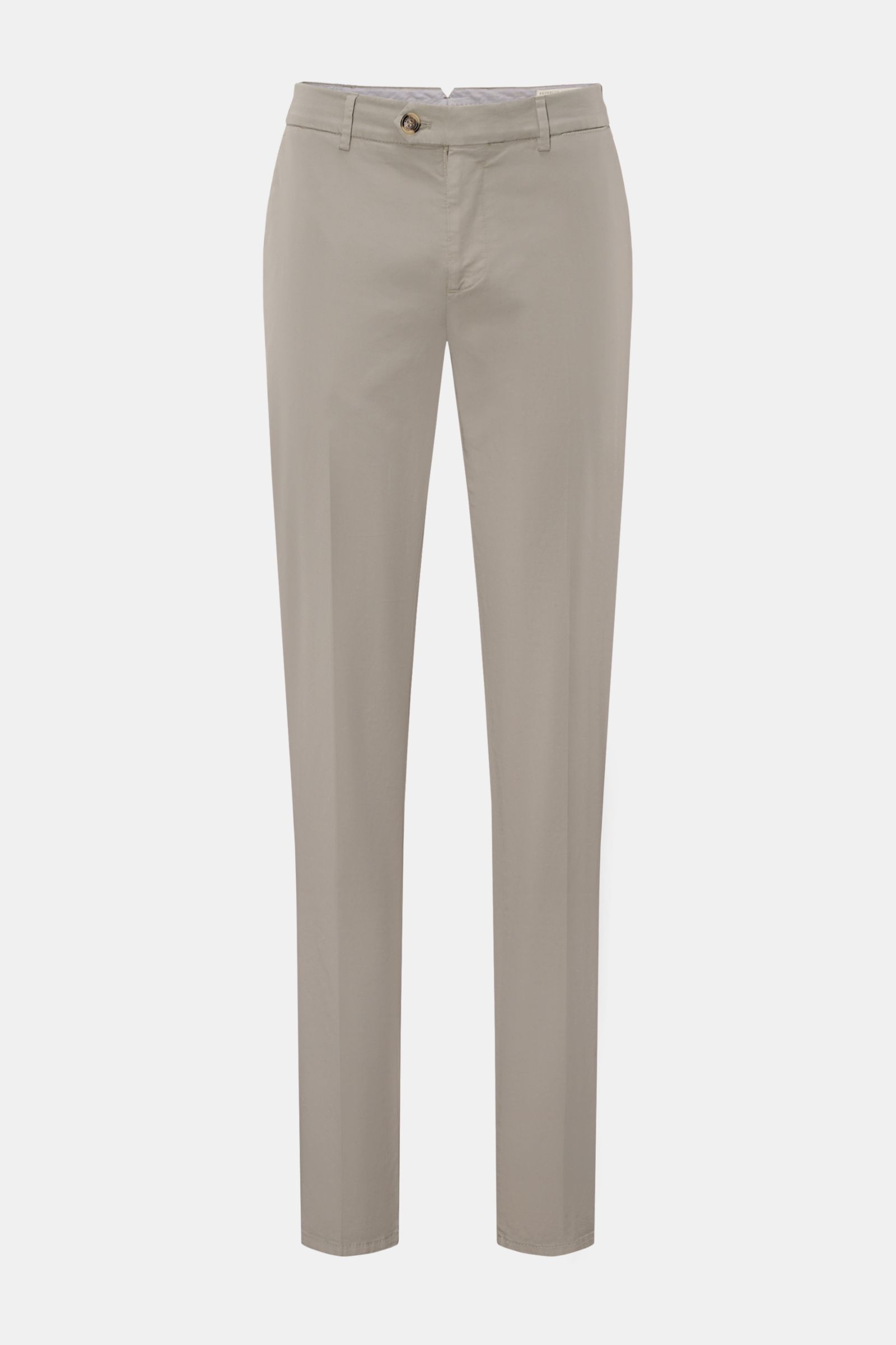 Front view of Brunello Cucinelli Chino 'Italian Fit' grau, a versatile luxury cotton twill pant with elastic, soft feel, garment dyed, regular fit, slim taper, short cut, zipper and button closure, French pockets, small watch pocket, and buttoned back poc