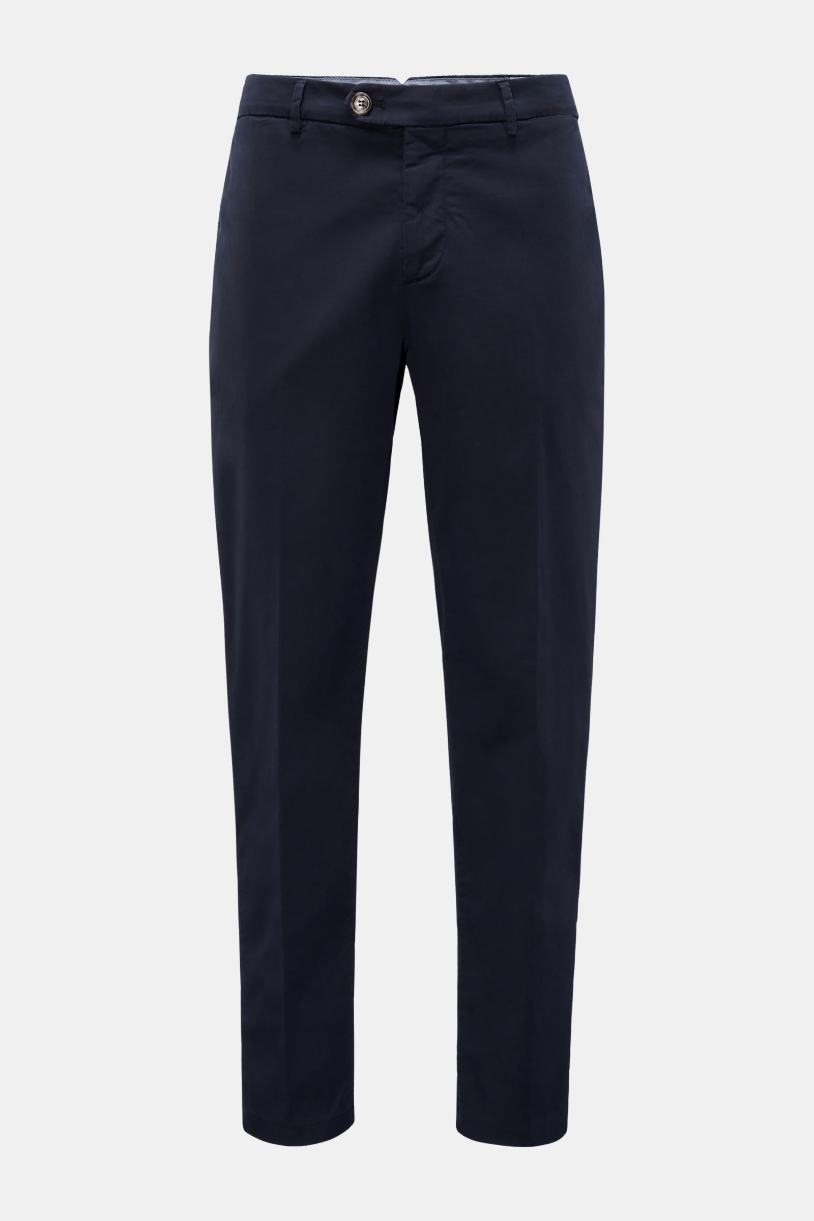 Front view of Brunello Cucinelli Chinos 'Italian Fit' navy, elasticated cotton twill, tapered short cut with zip, buttons, French and back pockets.

Description: These chinos from luxury label BRUNELLO CUCINELLI are a versatile classic trouser model th