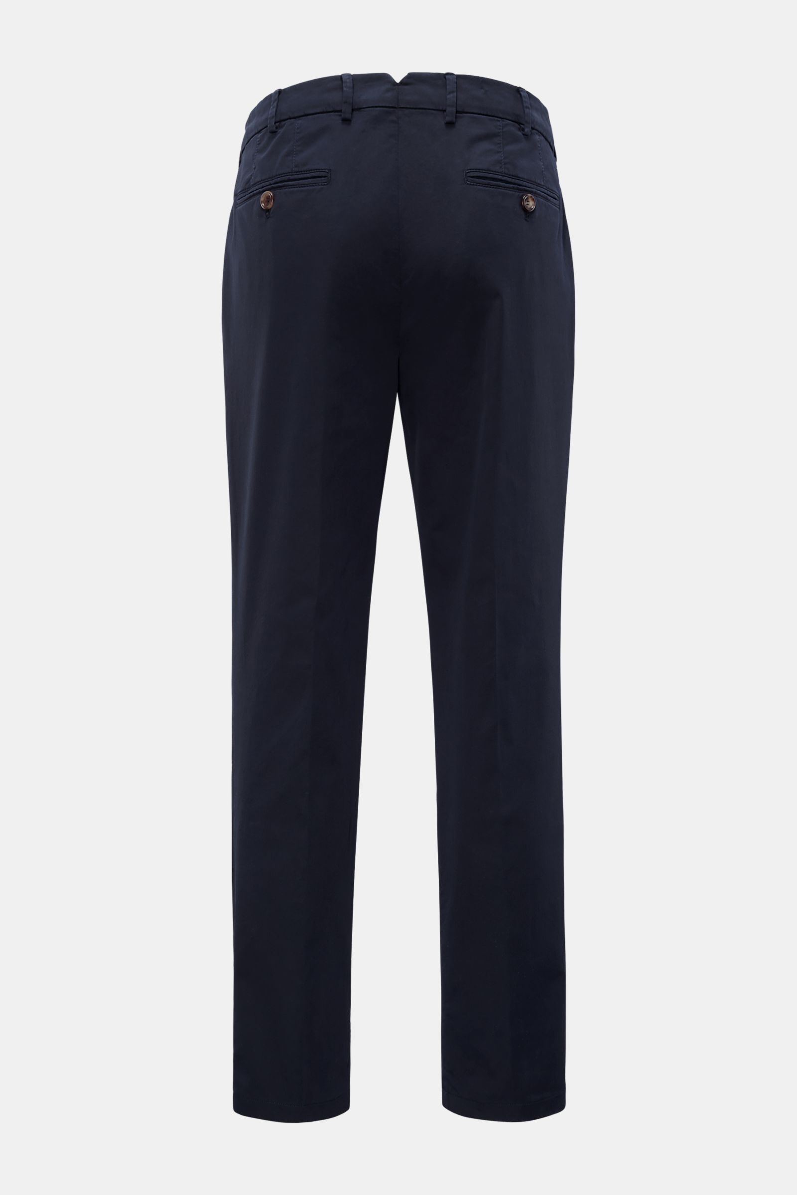Alt tag (125 characters max):
Rear view of Brunello Cucinelli Chinos 'Italian Fit' navy, showcasing tapered, regular fit with buttoned back French pockets.

Description:
These chinos from luxury label BRUNELLO CUCINELLI are a versatile classic trouser 