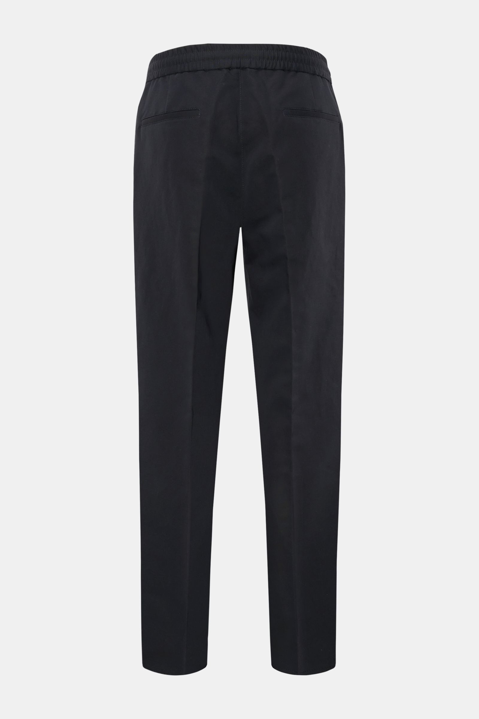 Brunello Cucinelli Jogpants 'Leisure Fit' navy, Rückansicht, schmal zulaufend mit hoher Bundhöhe, Leinen-Baumwoll-Twill, elastischer Bund, Taschen.