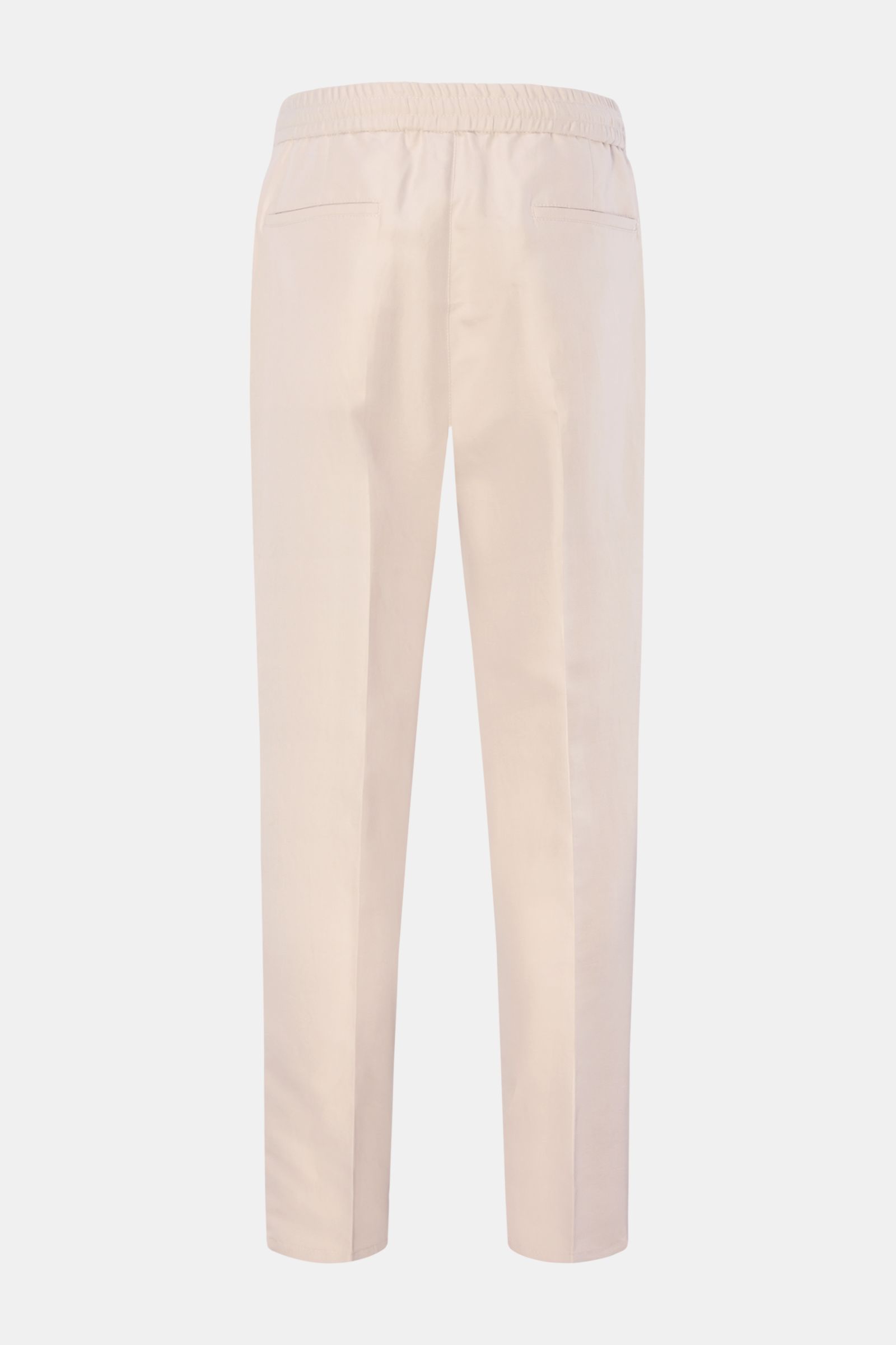 Brunello Cucinelli Jogpants 'Leisure Fit' sand, Rückansicht, schmal zulaufend, hoher Bund, kurzer Schnitt, twill aus Leinen und Baumwolle, Tunnelzug, Taschen.