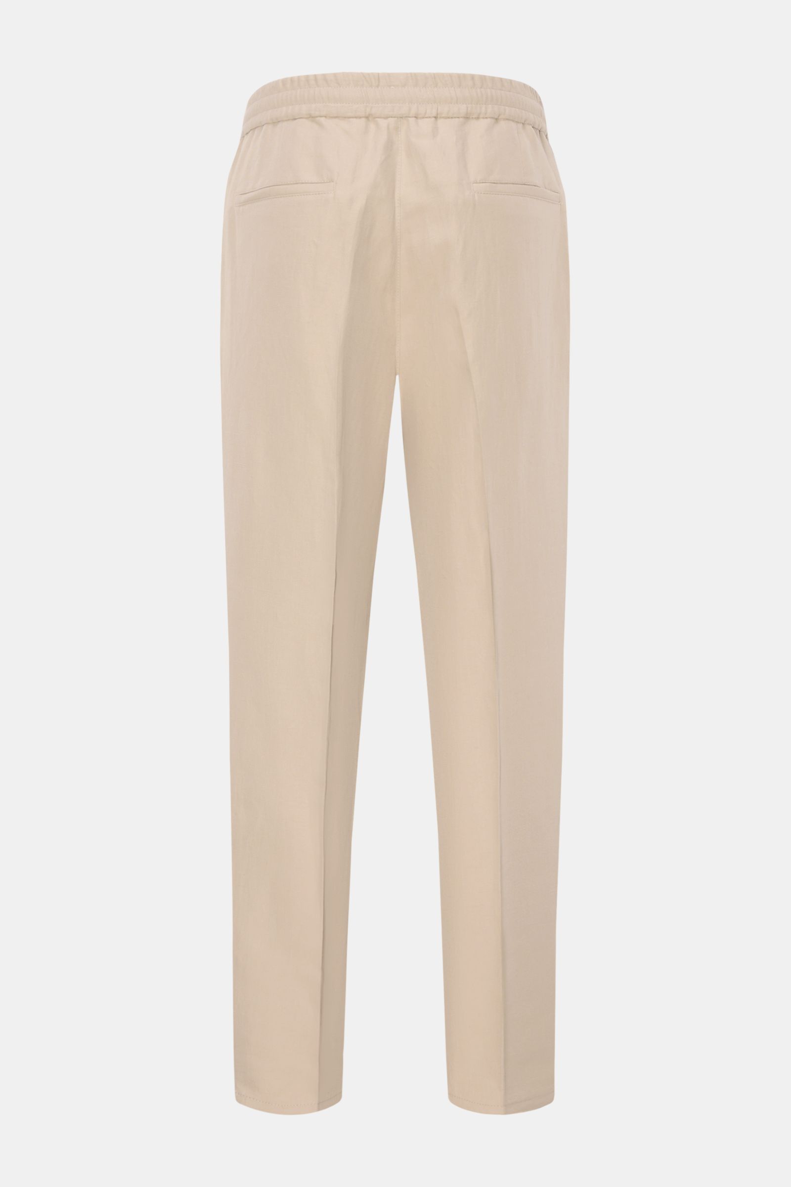 Brunello Cucinelli Jogpants 'Leisure Fit' beige shown from the back, made of linen-cotton twill, tapered slim fit, high waist with elastic drawstring. 

Stil trifft Tragekomfort: Die Jogpants von BRUNELLO CUCINELLI ist ein vielfältiger Begleiter für ko