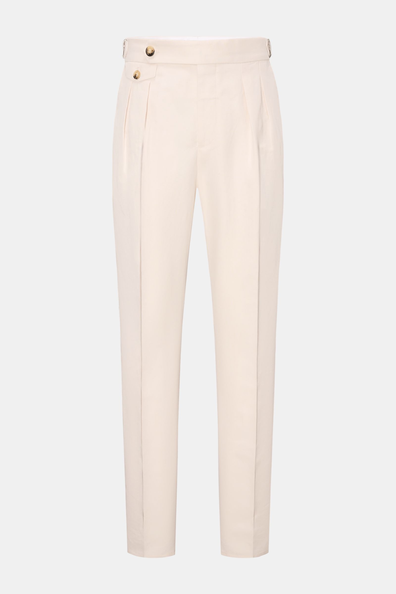 Brunello Cucinelli Hose creme, frontale Ansicht, Baumwoll-Leinen-Twill, Regular Fit, schmal zulaufend, Bundhaken, Side Adjuster, Knopfriegel, Taschen.