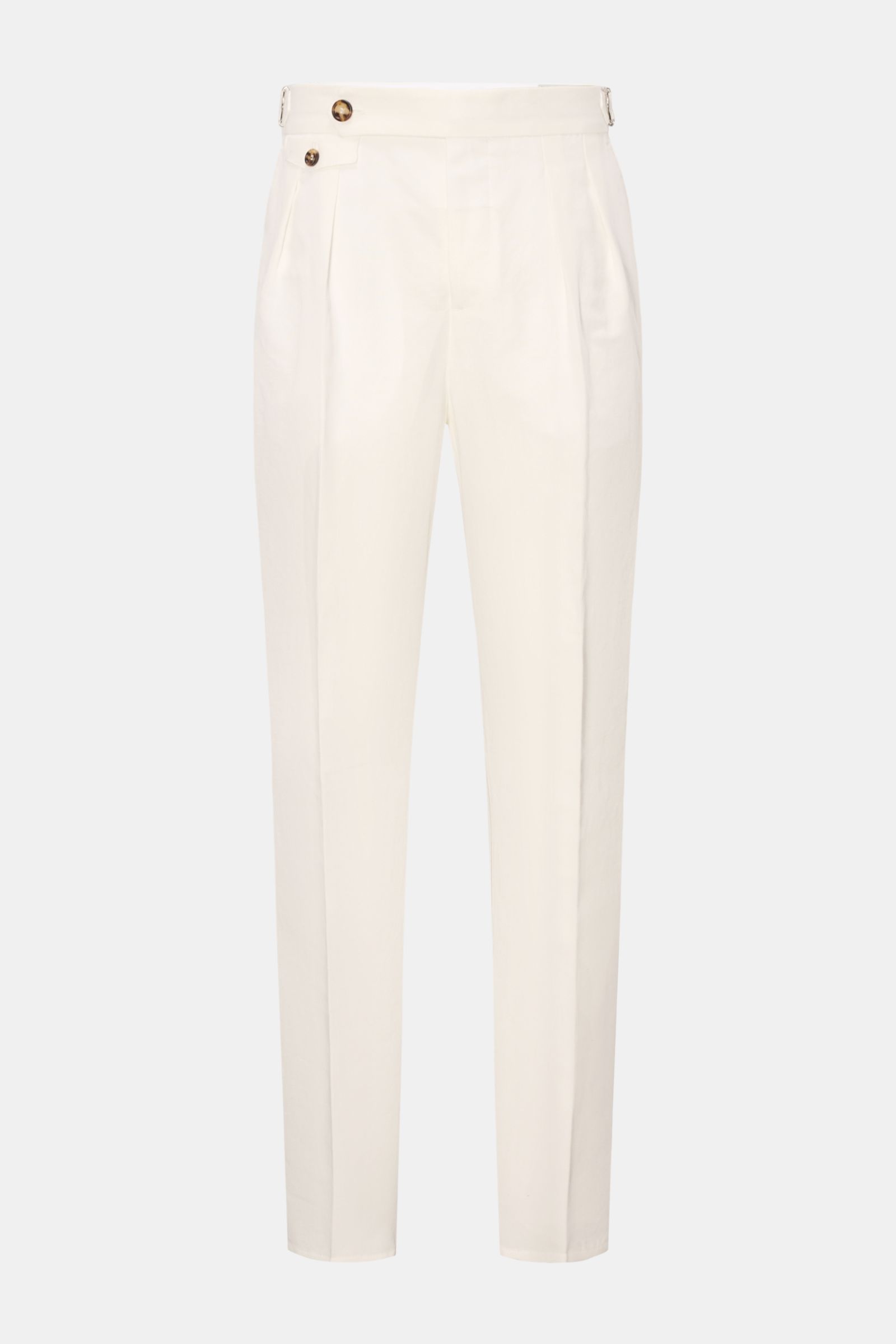 Brunello Cucinelli Hose offwhite shown from the front on a plain background, made of cotton and linen twill, regular fit with side adjuster, double pleat, smooth texture, zip and hook closure, buttoned back pockets, and French pockets. Eleganz mit jedem S