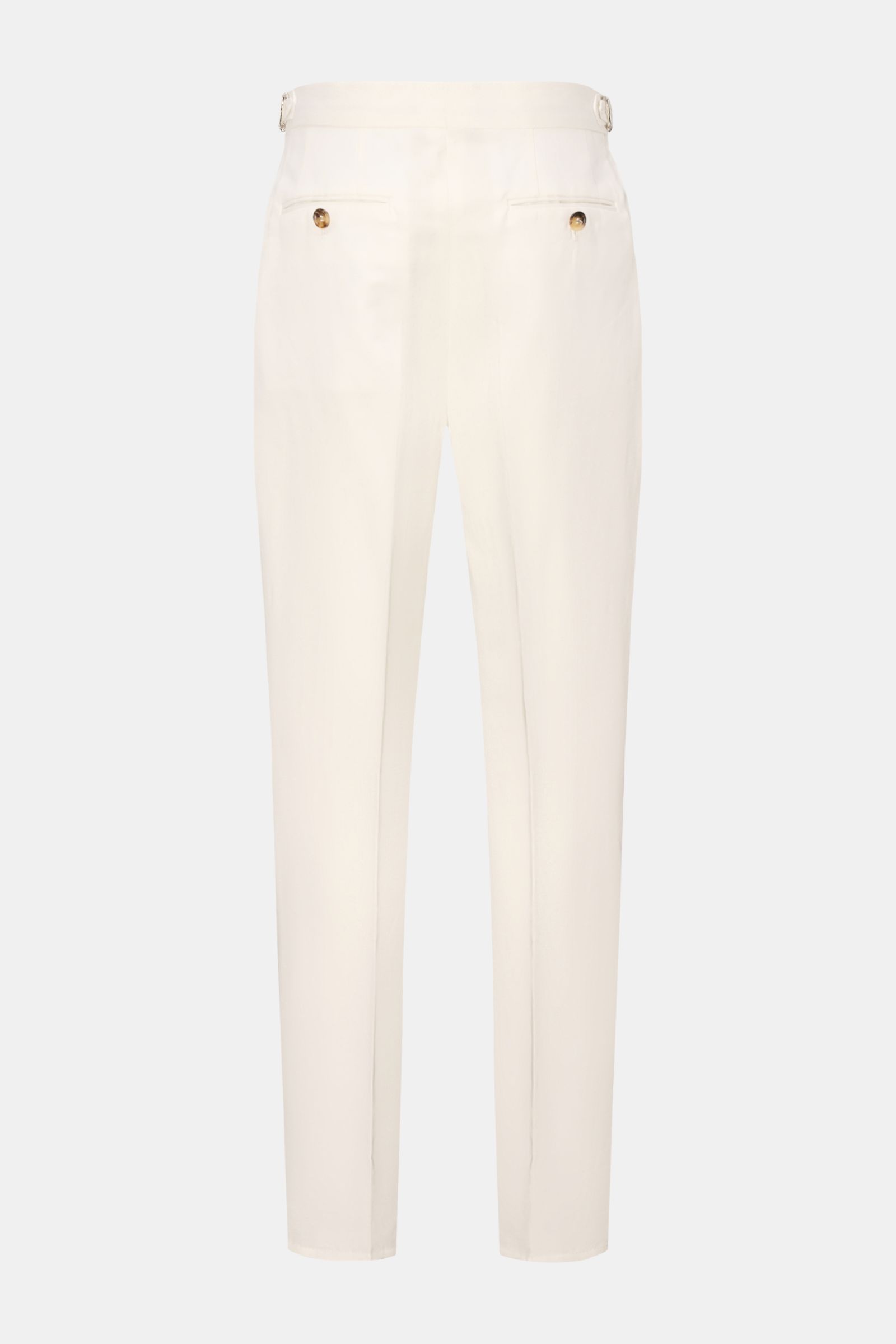 Brunello Cucinelli Hose offwhite shown from the back, made of cotton and linen twill with smooth texture, regular fit, tapered leg, buttoned back pockets, side adjusters, and extended button tab for elegant comfort. Eleganz mit jedem Schritt: Die BRUNELLO