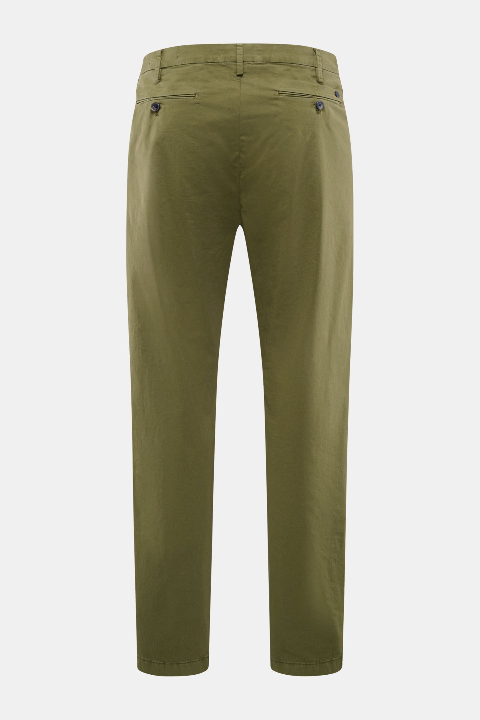Rückansicht der olivfarbenen Closed Baumwollhose 'Bergen Tapered' mit schmal zulaufendem Bein, paspelierten Gesäßtaschen und Bundfalte.