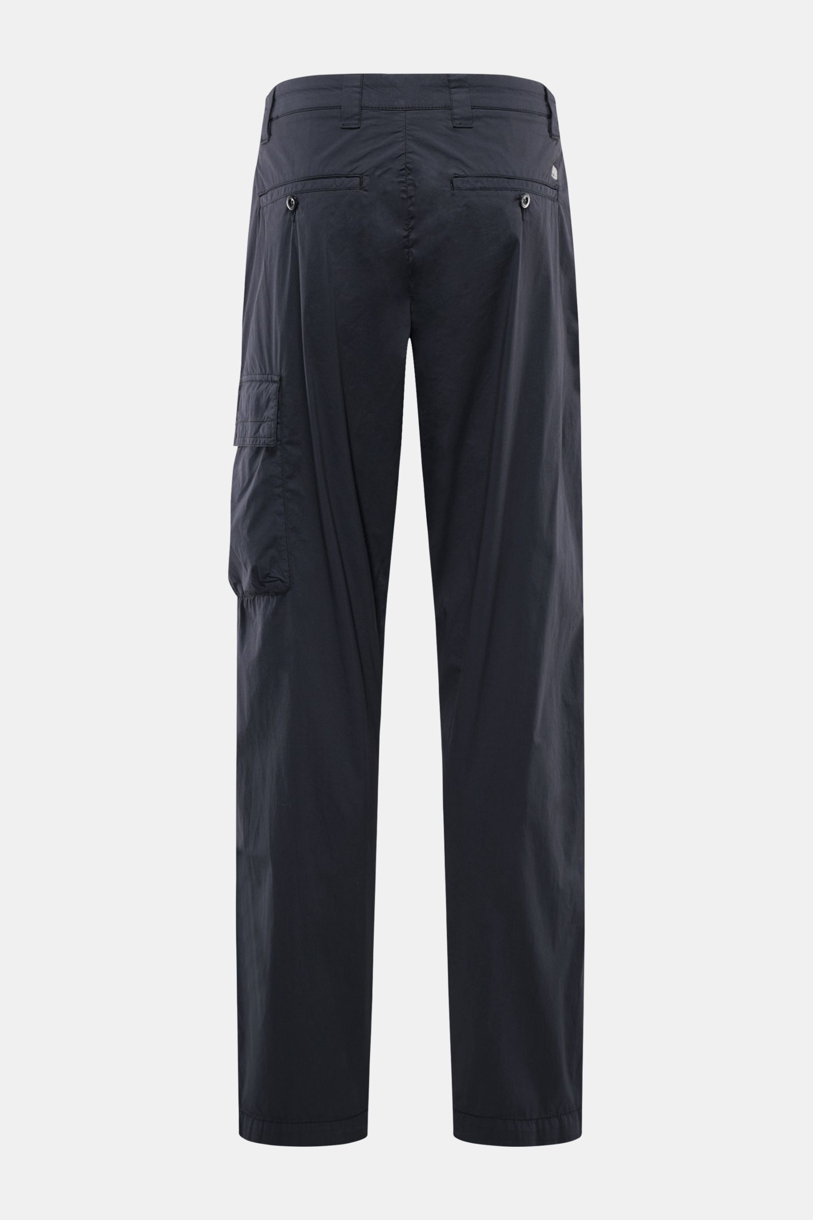 C.P. Company Cargohose navy, Rückansicht, knöchellang, aus Baumwoll-Microfaser-Mix, mit Cargo- und paspelierten Gesäßtaschen, Tapered Fit.