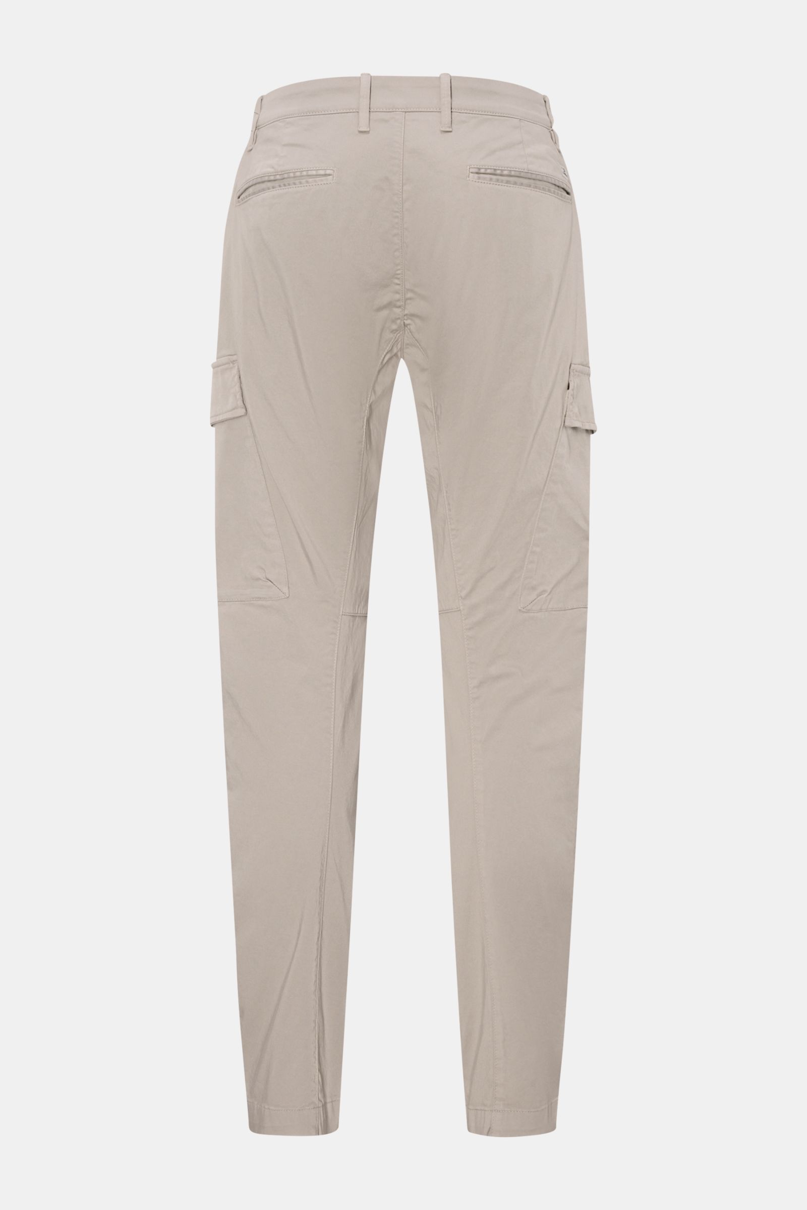 Rear view of C.P. Company Cargohose hellgrau in light gray, featuring gabardine cotton, stretch, regular fit, tapering legs, side seam and cargo pockets, welt back pockets, zipper and button closure, soft touch, and signature lens detail. Urban Utility: D