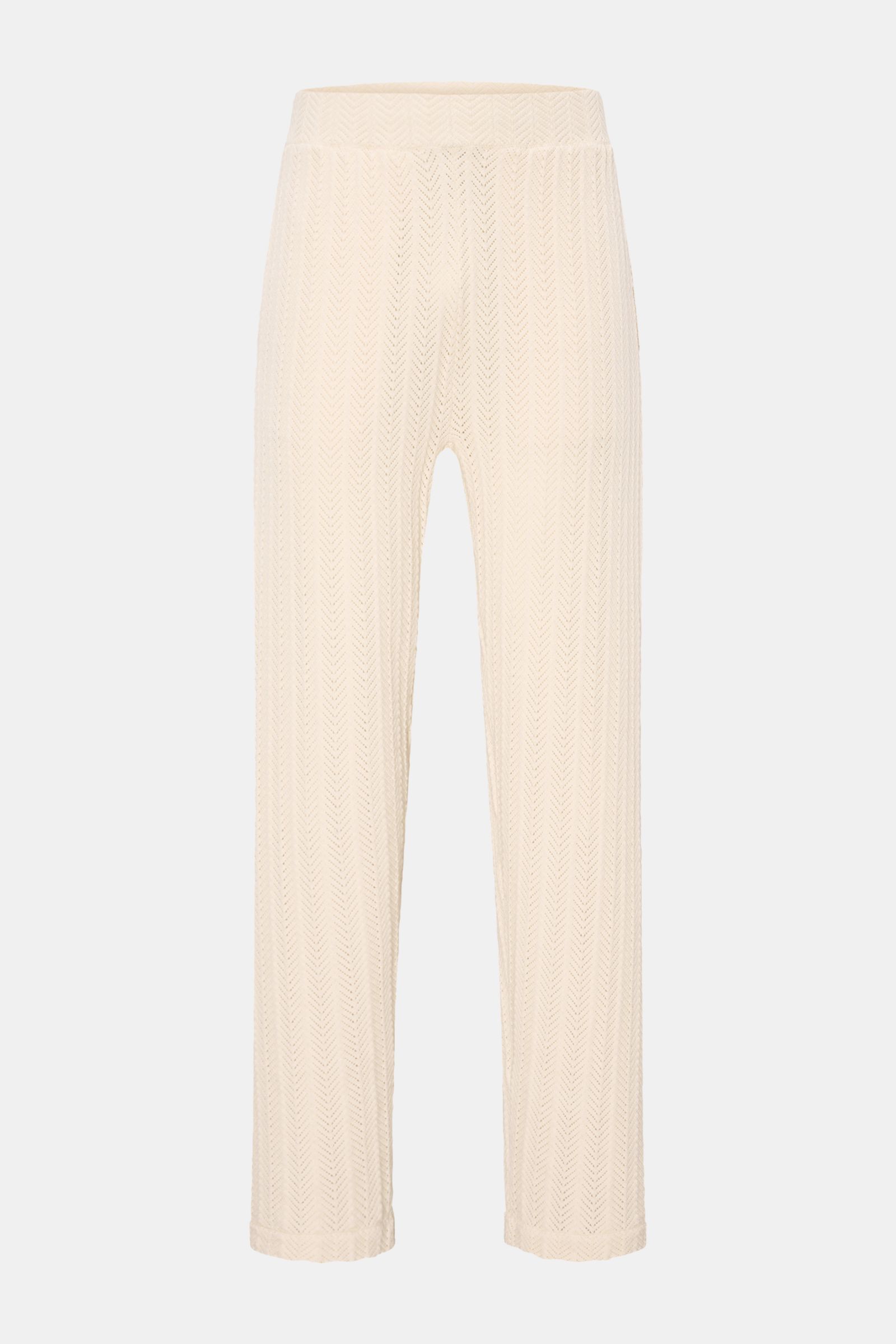 Soft Goat Strick-Jogpants creme, frontale Ansicht, nachhaltig aus Baumwolle und Cashmere, Zick-Zack-Struktur, Regular Fit, breiter Bund, verdeckte Taschen.