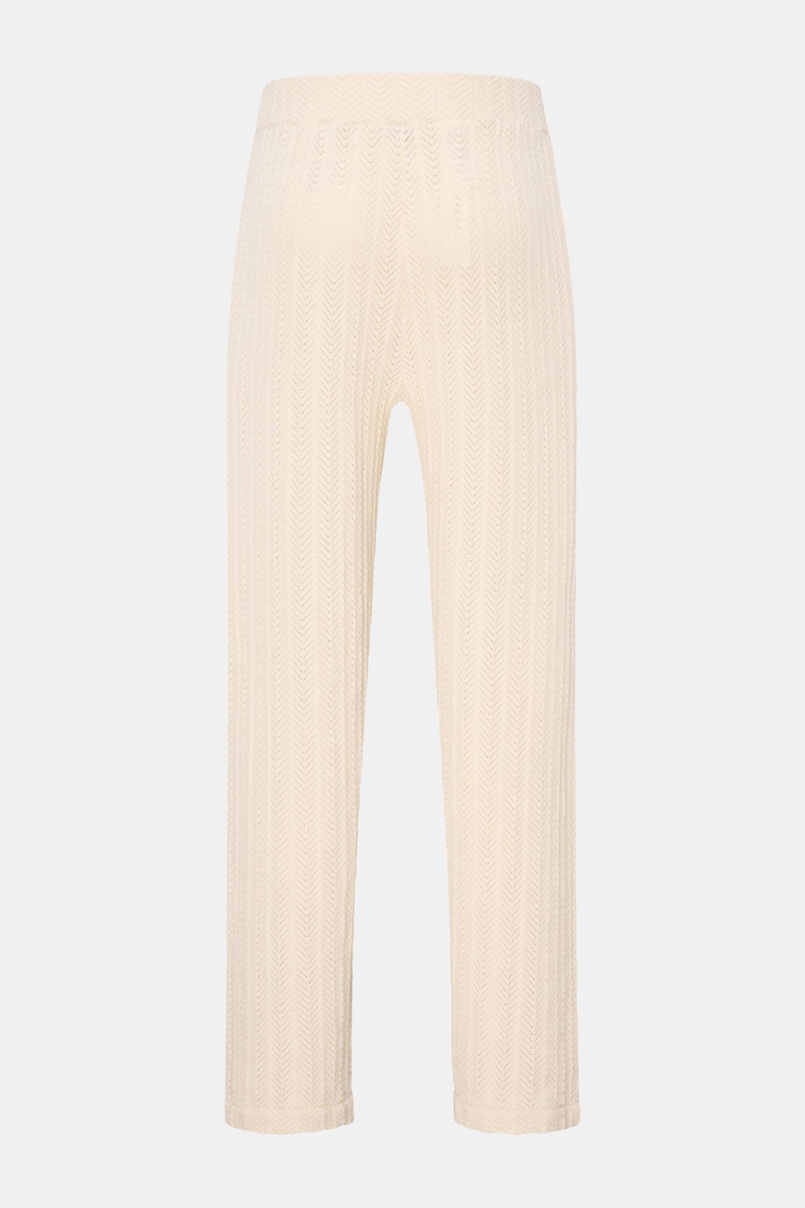 Soft Goat Strick-Jogpants creme aus Baumwolle und Cashmere, Zick-Zack-Struktur, Regular Fit, elastischer Bund, verdeckte Taschen, frontale Ansicht.