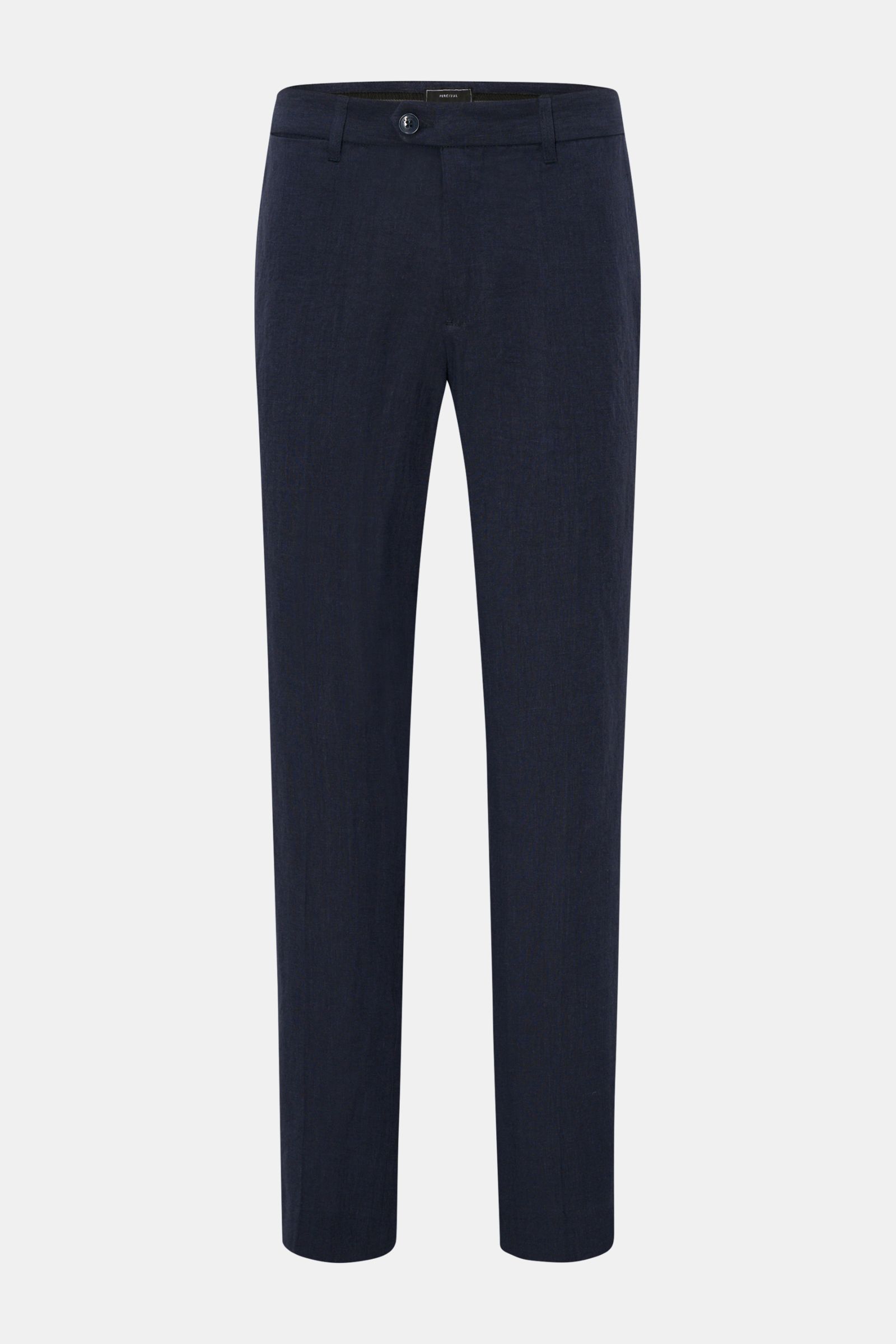 Front view of Percival Linen trousers 'Tailored Linen' navy in breathable, lightweight pure linen with tapered fit, regular thigh width, ankle length, waistband with button and zip, French pockets, small watch pocket, and jetted back pockets with button, 