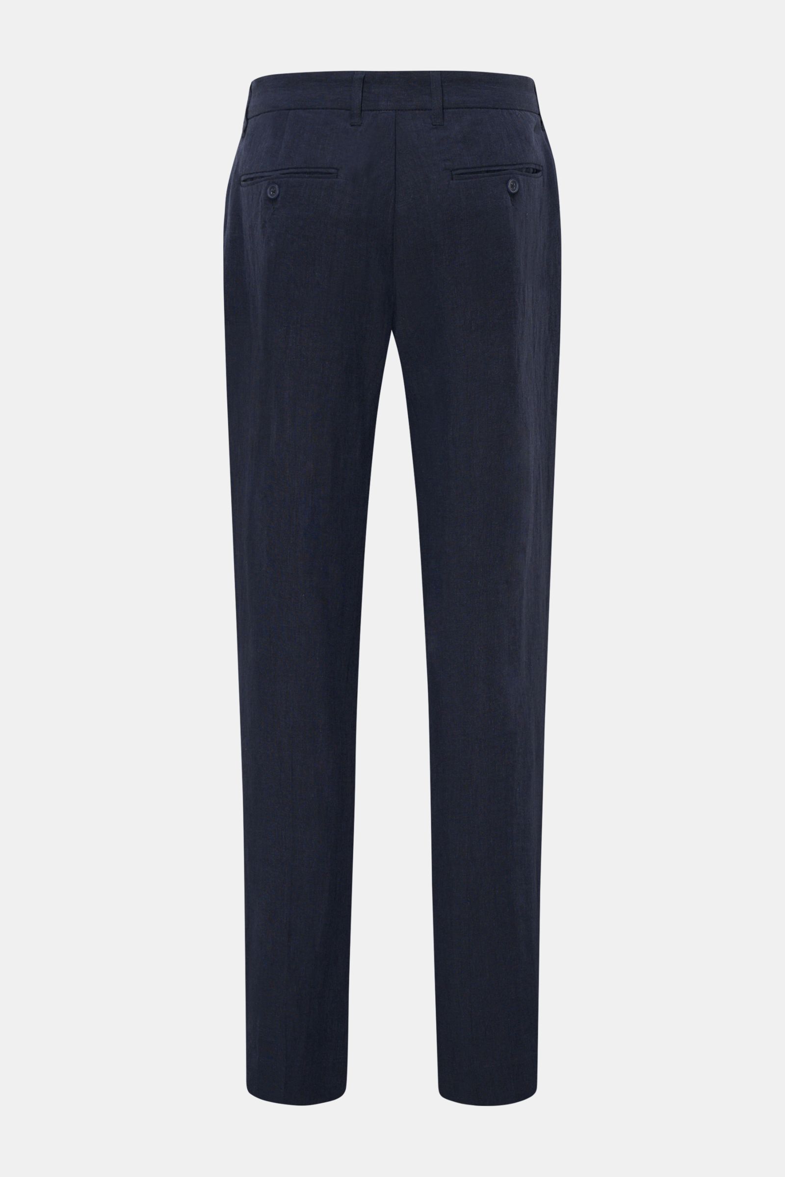 Rear view of Percival Linen trousers 'Tailored Linen' navy in breathable pure linen, tapered fit, ankle length with buttoned jetted back pockets and waistband.