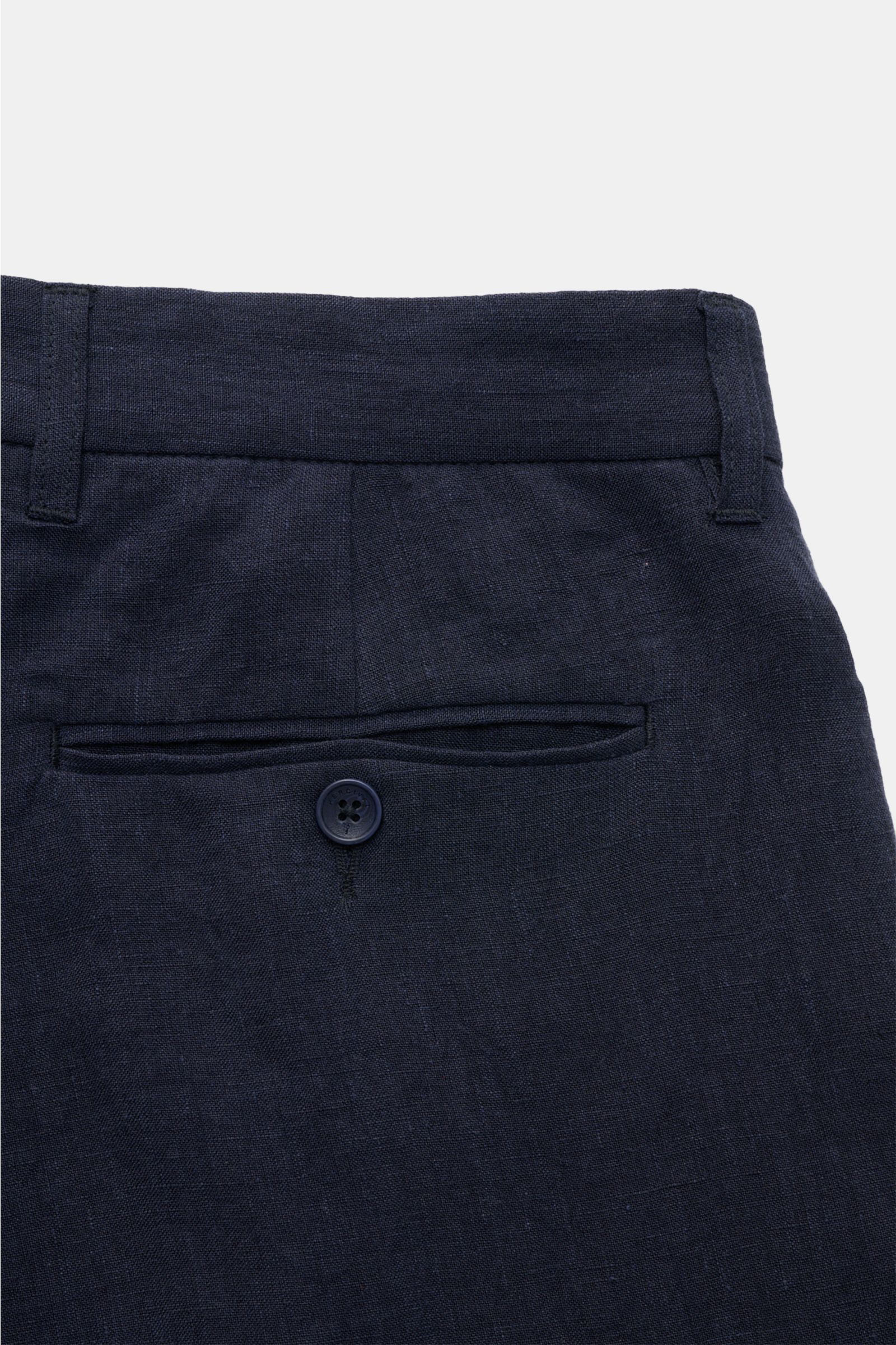 Close-up rear view of Percival Linen trousers 'Tailored Linen' navy showing pure linen fabric, jetted back pocket with button, waistband with belt loops.