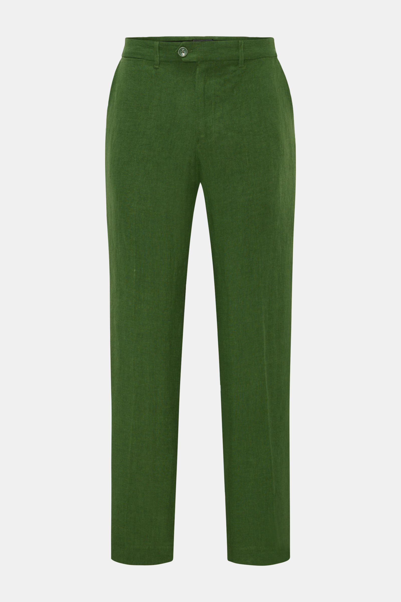 Front view of Percival Trousers 'Tailored Linen' green, straight cut with zip and button, made of linen and cotton blend.

Description: Stay smart this summer: The straight cut trousers 'Tailored Linen' made of linen and cotton by London label PERCIVAL