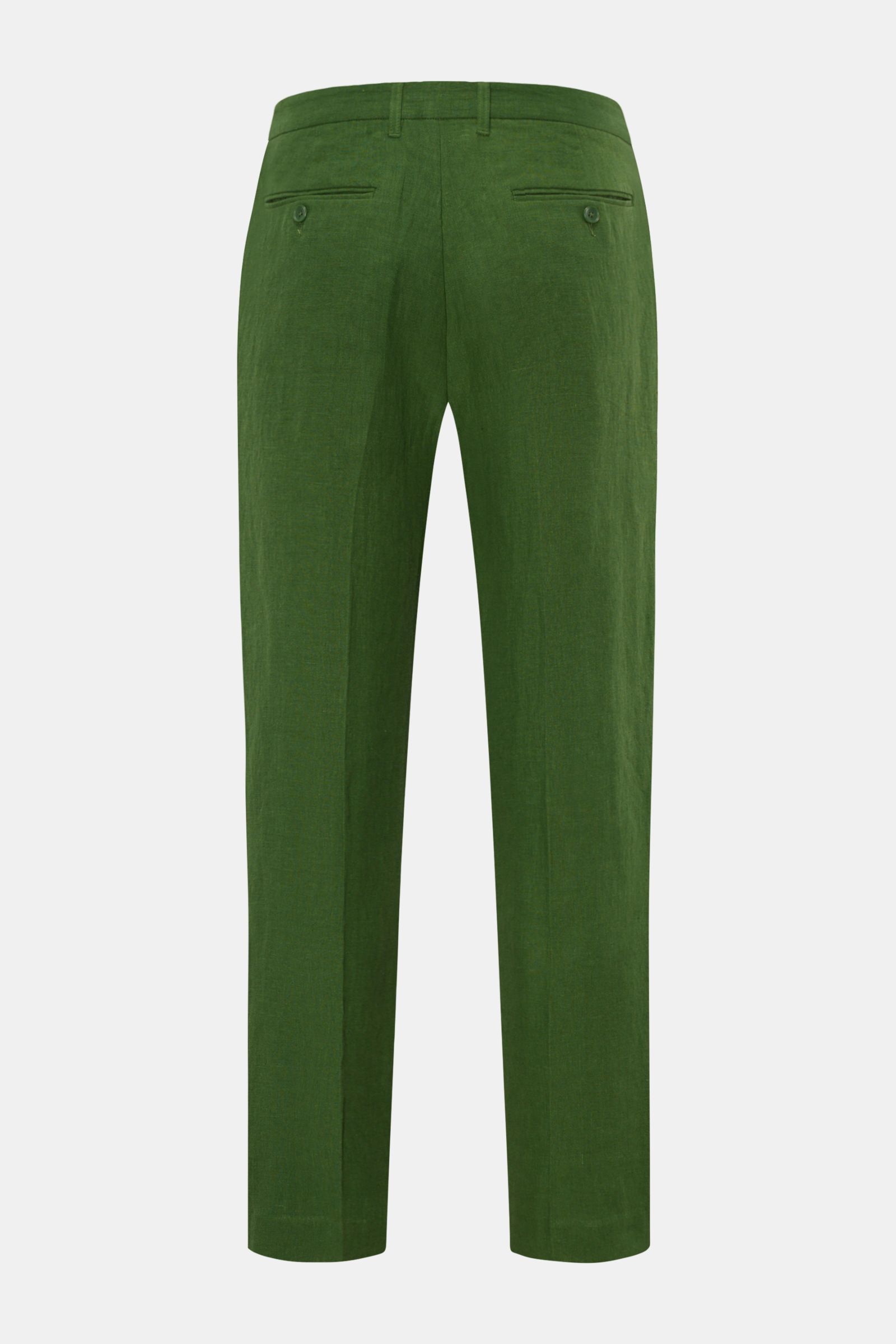 Alt tag (124 characters): Rear view of Percival Trousers 'Tailored Linen' green, straight cut, linen-cotton blend, with buttoned jetted back pockets.

Description: Stay smart this summer: The straight cut trousers 'Tailored Linen' made of linen and cot