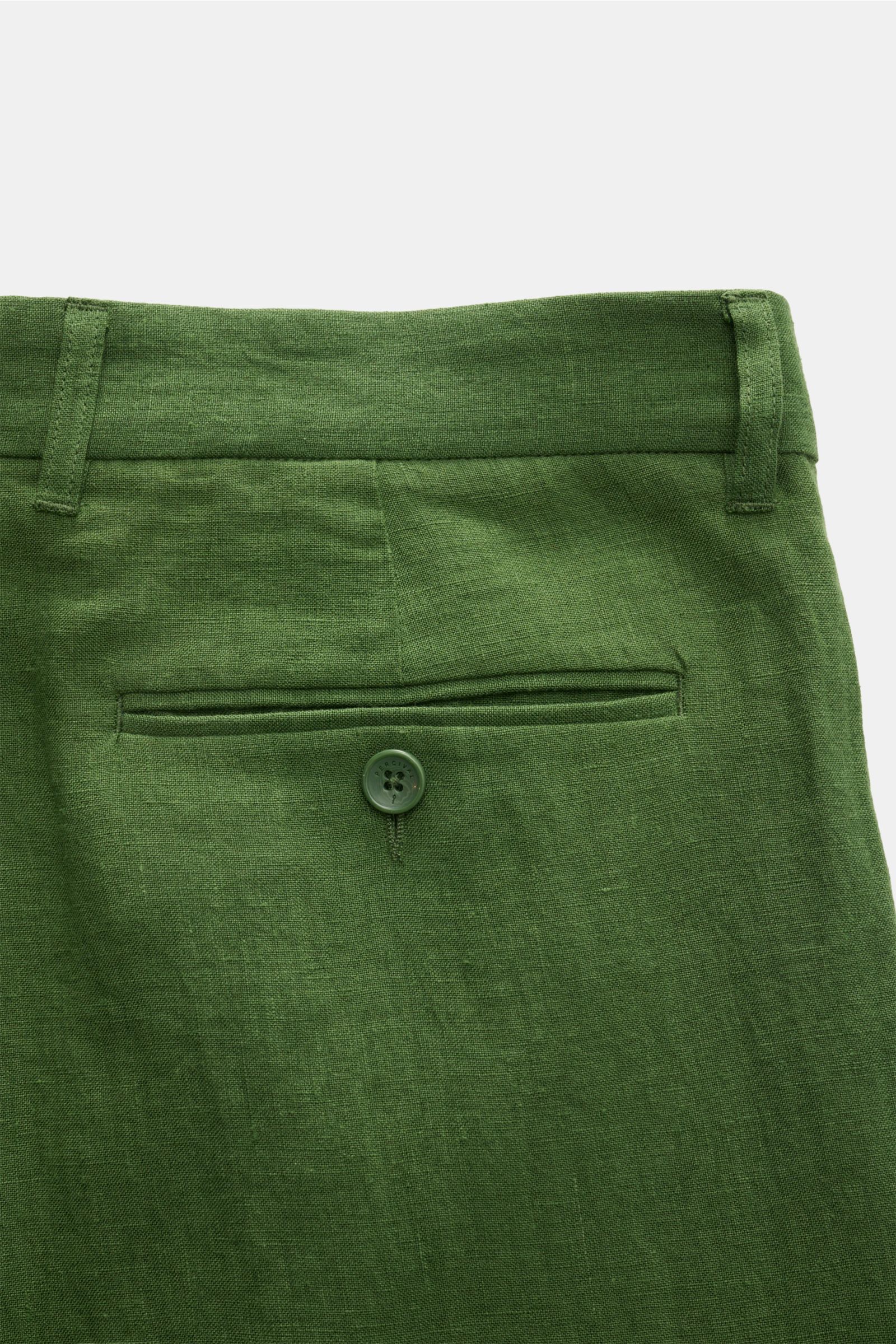 Close-up back view of Percival Trousers 'Tailored Linen' green showing jetted back pocket with button, linen-cotton fabric texture.

Stay smart this summer: The straight cut trousers 'Tailored Linen' made of linen and cotton by London label PERCIVAL ar