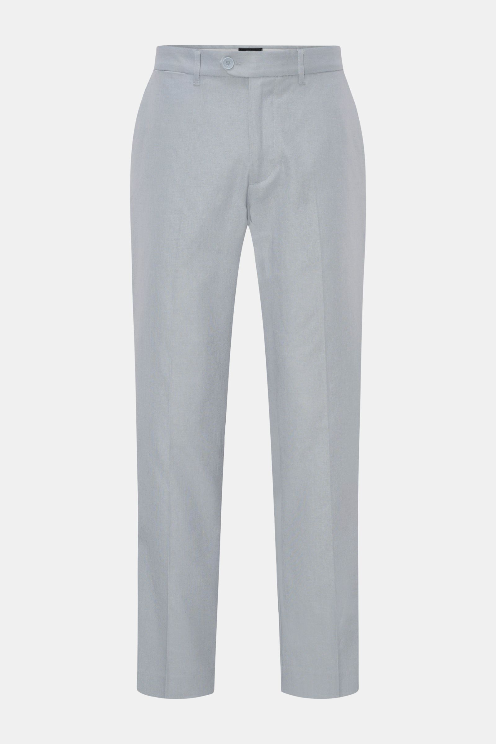 Front view of Percival Trousers 'Tailored Linen' smoky blue, straight cut, regular fit, linen and cotton blend with zip, button, French and jetted pockets.

Stay smart this summer: The straight cut trousers 'Tailored Linen' made of linen and cotton by 