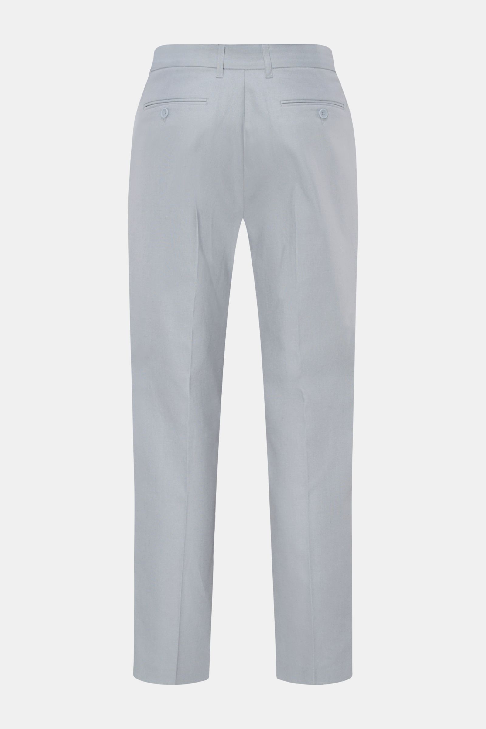 Rear view of Percival Trousers 'Tailored Linen' smoky blue, straight cut, linen-cotton blend with buttoned jetted back pockets.

Description: Stay smart this summer: The straight cut trousers 'Tailored Linen' made of linen and cotton by London label PE