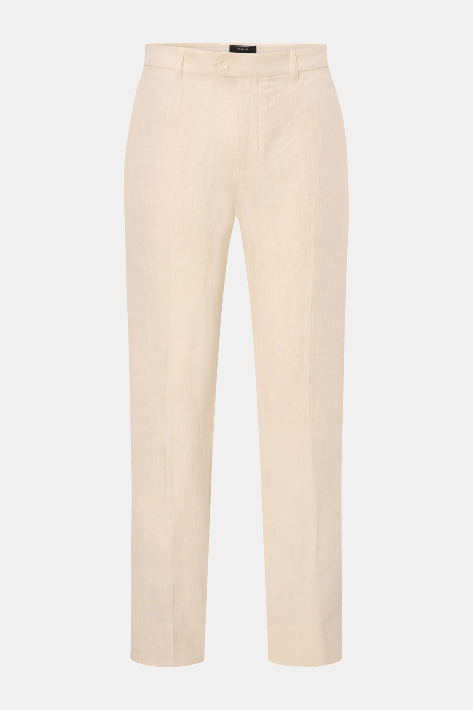 Front view of Percival Trousers 'Tailored Linen' cream mottled, straight cut, regular fit, linen-cotton blend with zip, waist button, and pockets.

Stay smart this summer: The straight cut trousers 'Tailored Linen' made of linen and cotton by London la