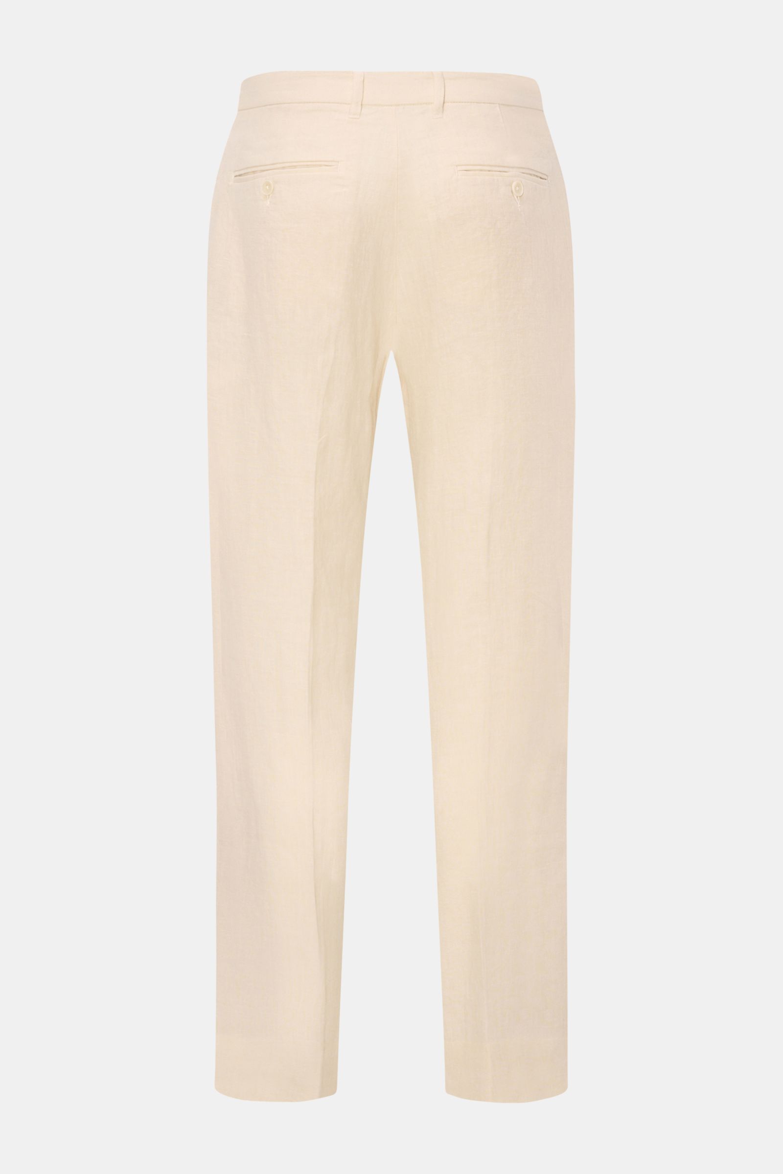 Rear view of Percival Trousers 'Tailored Linen' cream mottled, straight cut linen and cotton blend with French and jetted back pockets.

Stay smart this summer: The straight cut trousers 'Tailored Linen' made of linen and cotton by London label PERCIVA