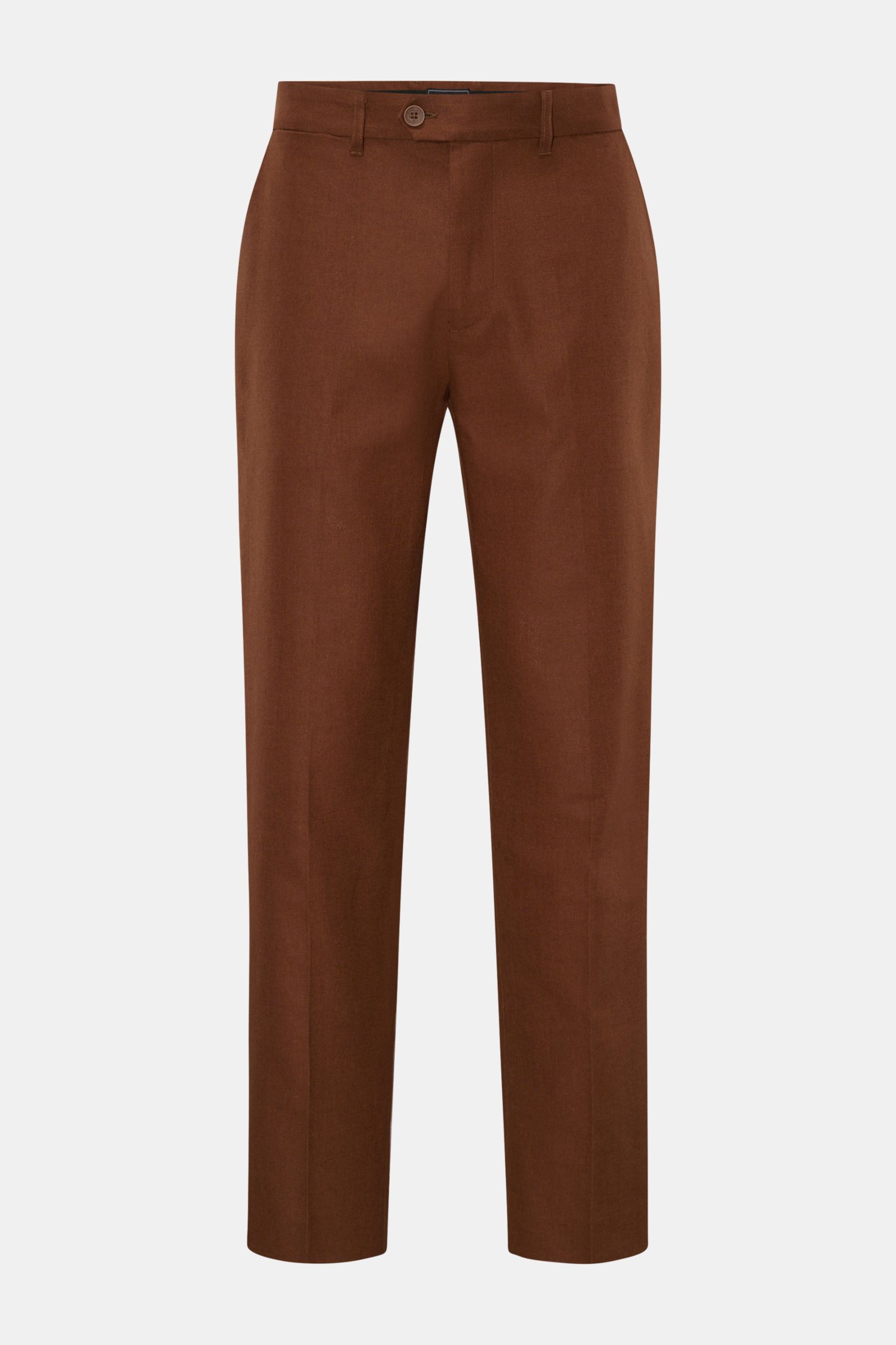 Front view of Percival Trousers 'Tailored Linen' brown, straight cut with zip, waist button, French pockets, and jetted back pockets.

Stay smart this summer: The straight cut trousers 'Tailored Linen' made of linen and cotton by London label PERCIVAL 