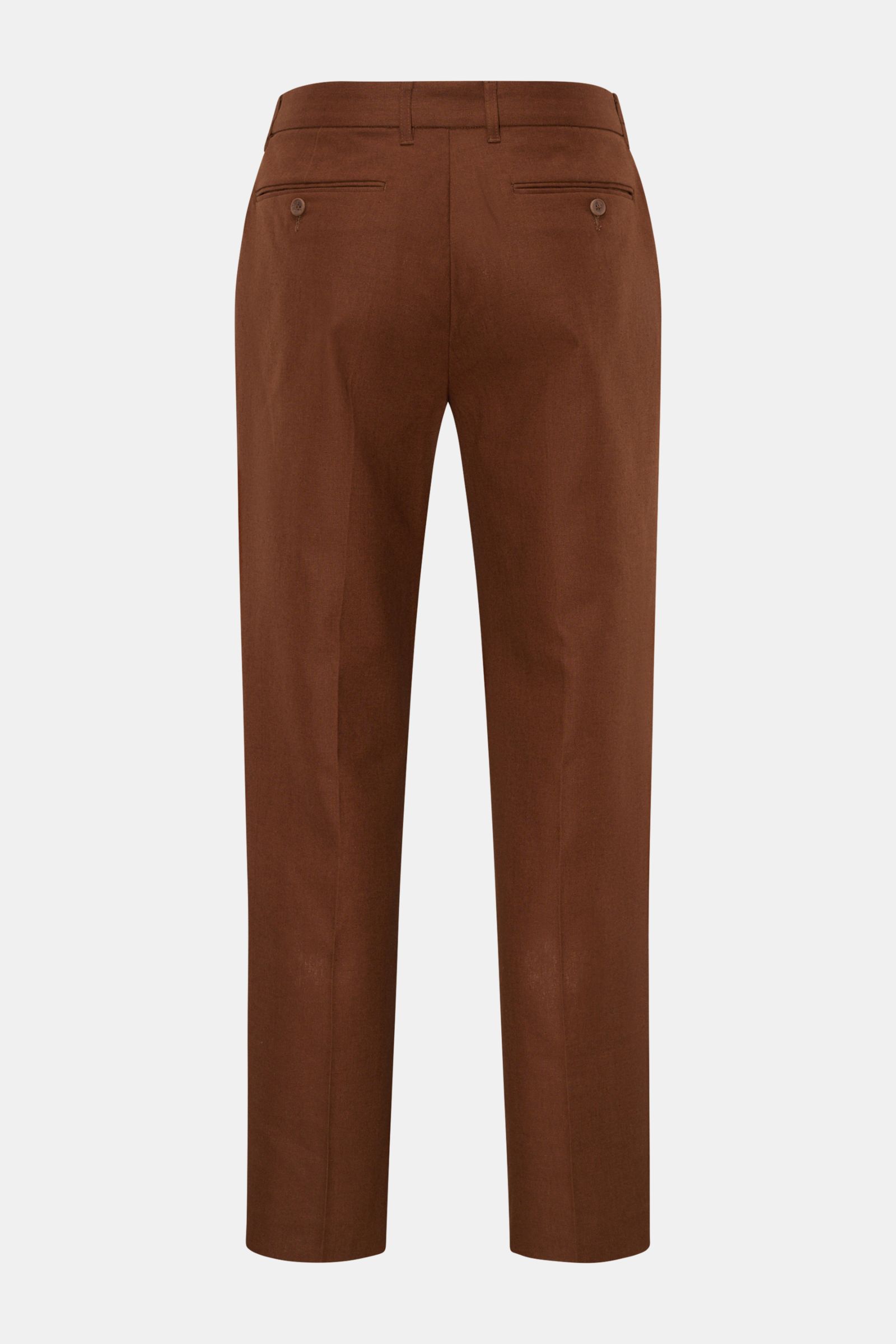 Rear view of Percival Trousers 'Tailored Linen' brown in a regular fit with straight cut, showing jetted back pockets with buttons and belt loops.

Stay smart this summer: The straight cut trousers 'Tailored Linen' made of linen and cotton by London la