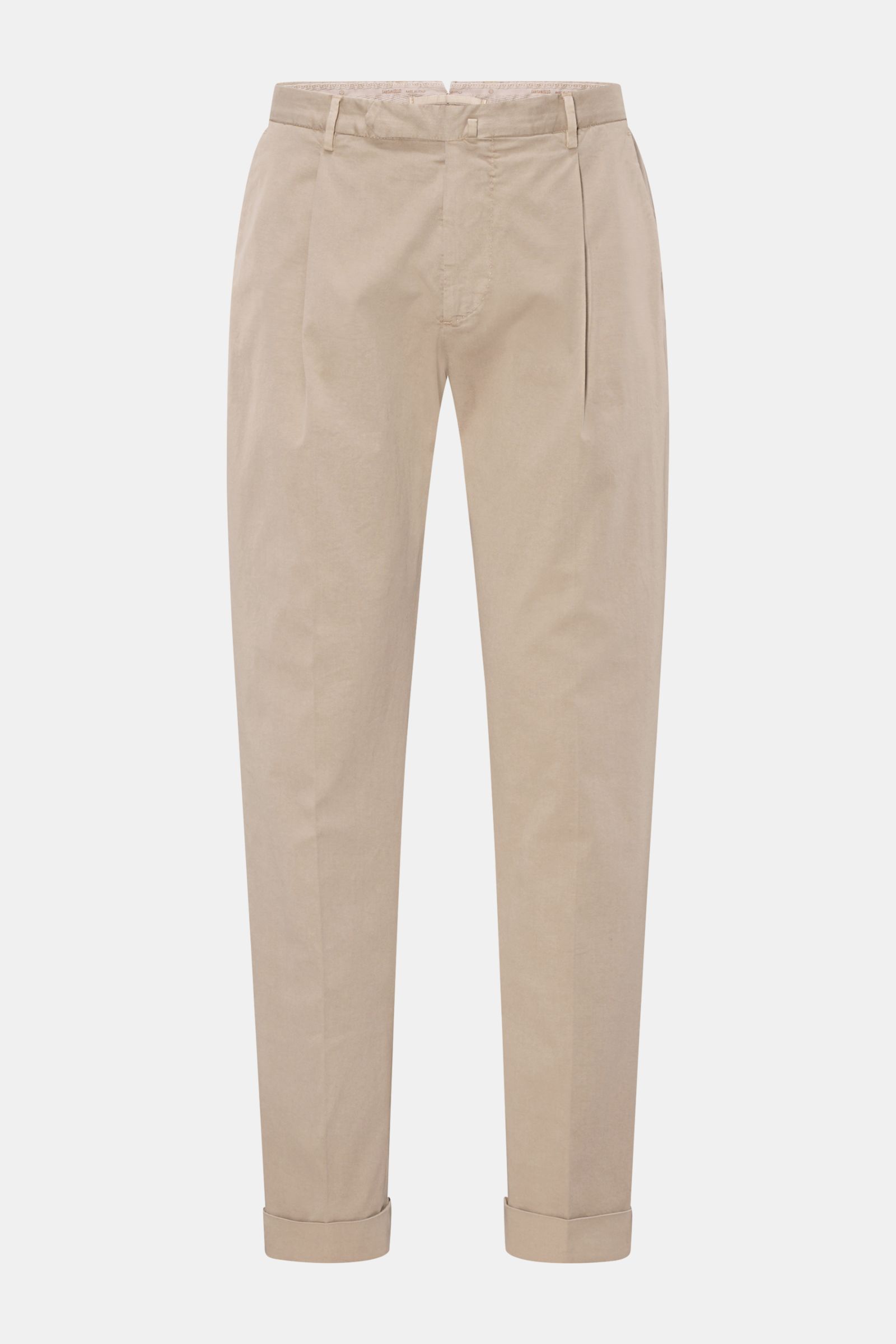 Santaniello Chino 'Camerota' beige, frontale Ansicht, knöchellang, mit einfacher Bundfalte, Twill-Baumwolle, französische Taschen, Saumaufschlag.