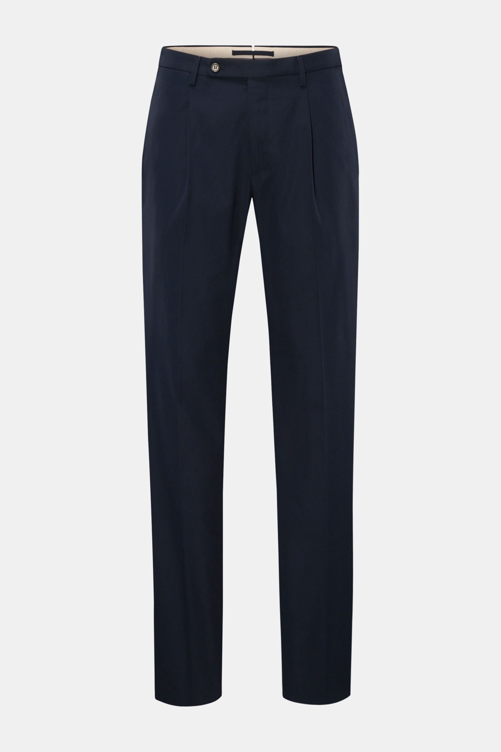 Front view of Incotex Cotton trousers navy in pure cotton, lightweight fabric, regular fit, single pleat, extended buttoned tab, French pockets, and jetted back pockets with button.