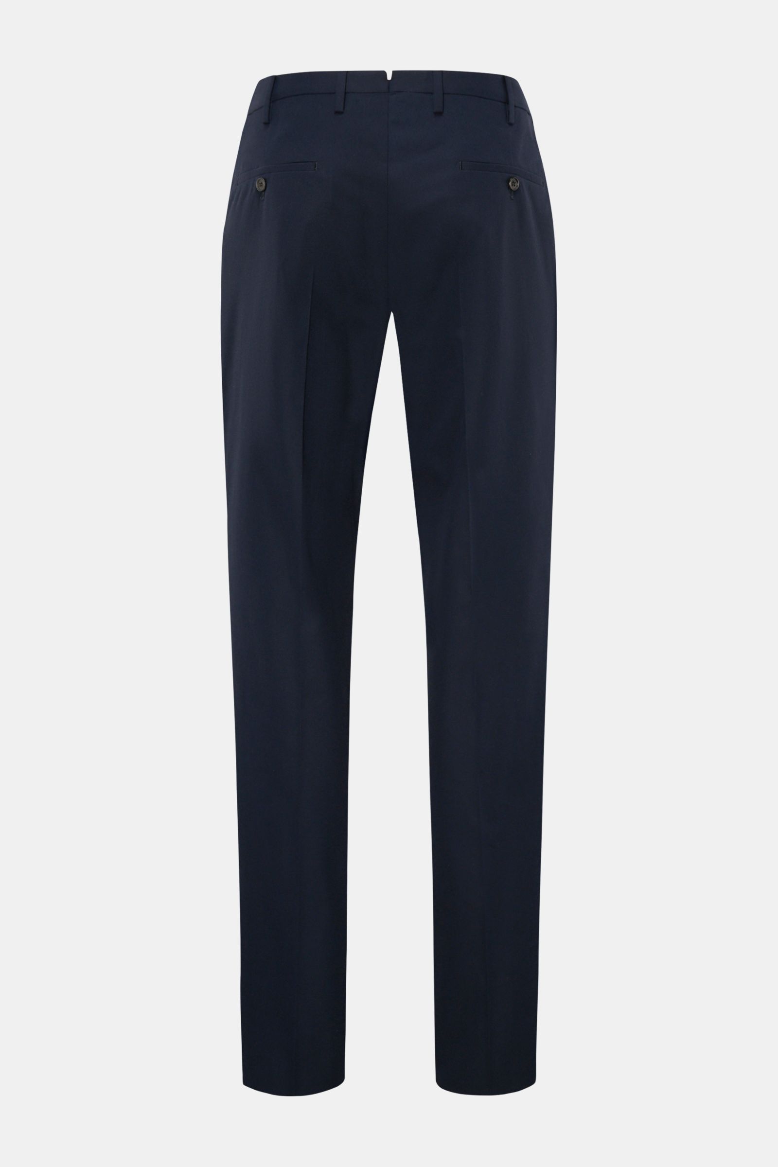 Rear view of Incotex Cotton trousers navy in pure cotton with single pleat, extended buttoned tab, French pockets, and jetted back pockets with buttons.